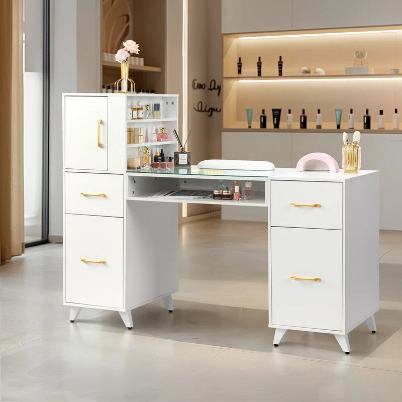 Embossed Particle Board Tempered Glass 55 W Manicure Table