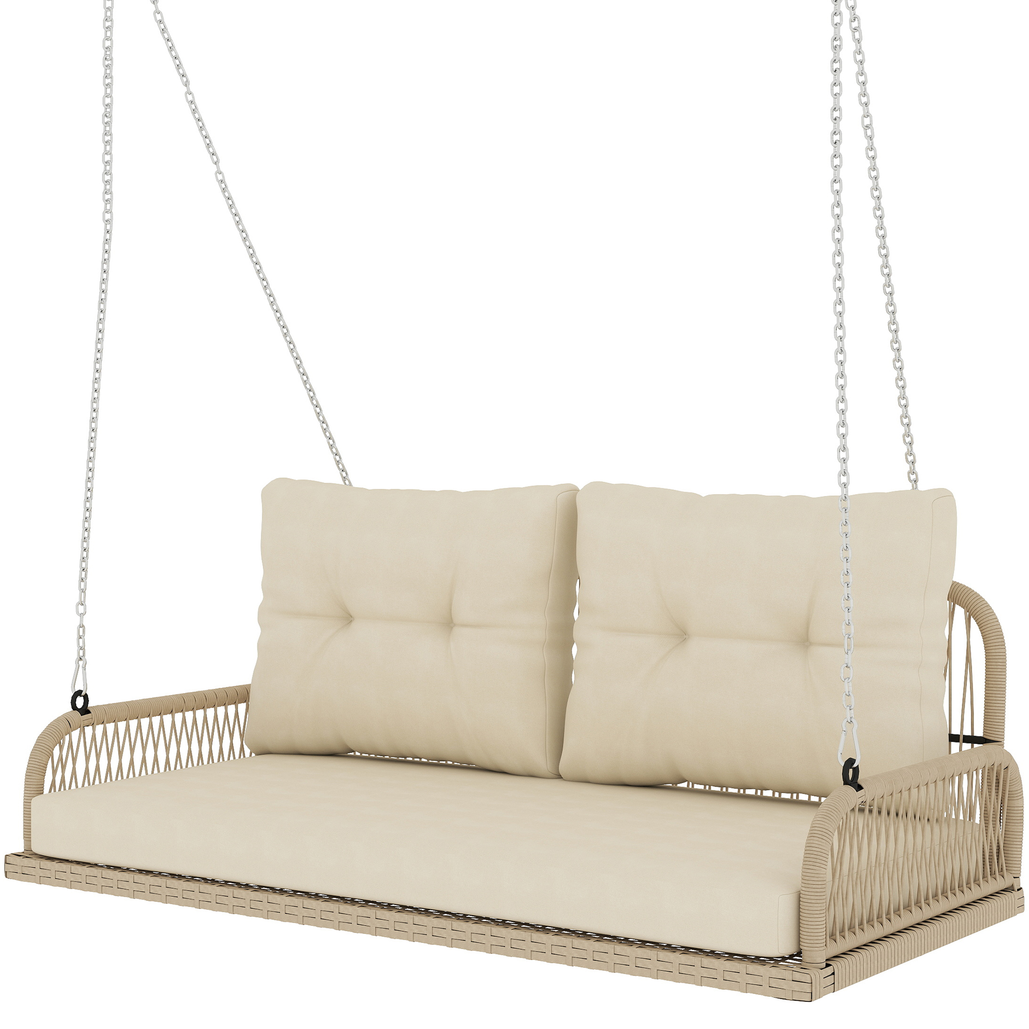 Outsunny Hollywoodschommel 2-Zits Rattan Tuinschommel met Kussens Ketens Tot 240 kg 115 x 66 x 44 cm Beige