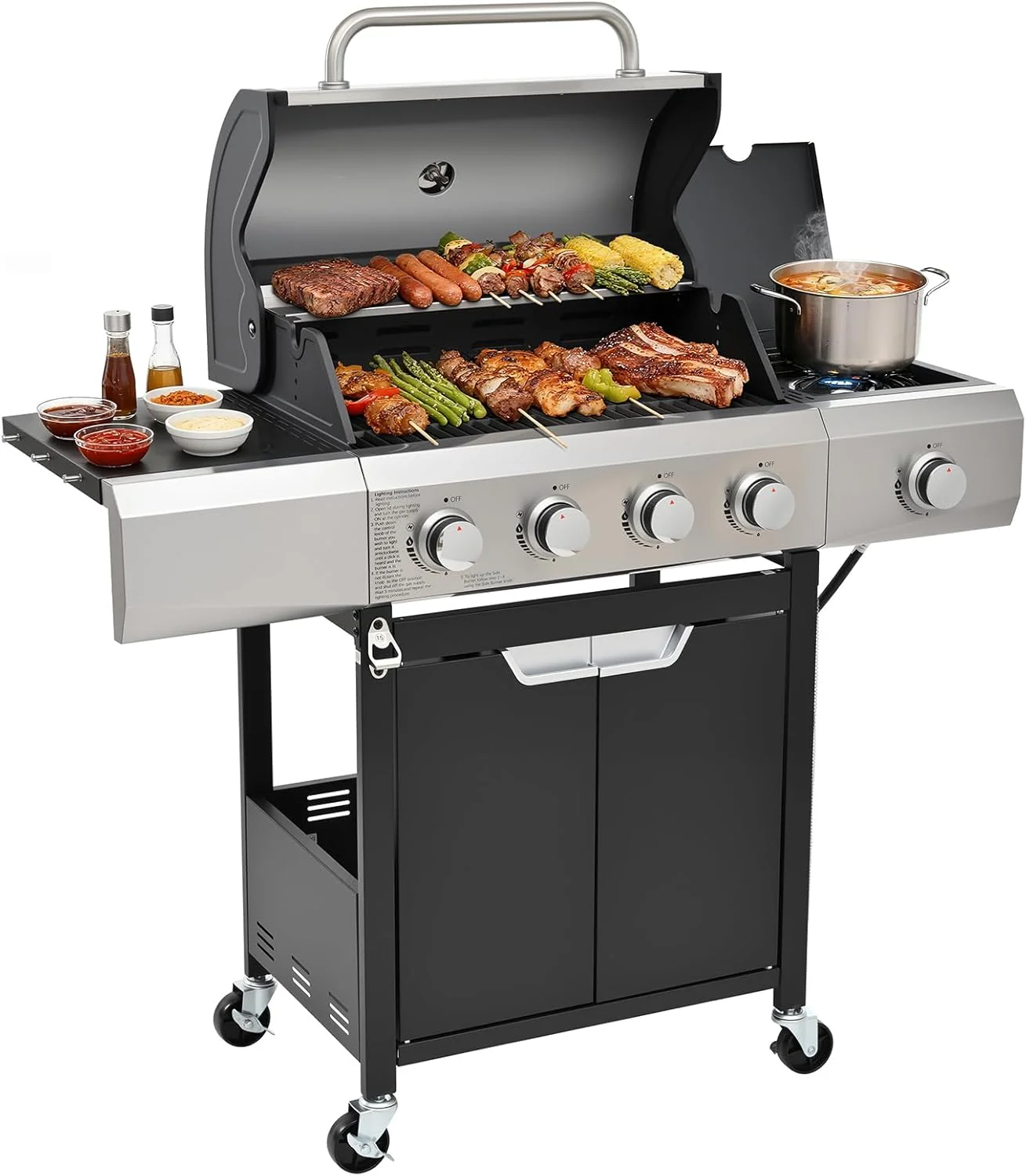 4-Burner Propane Gas BBQ Grill with Side Burner, 46,500 BTU Output Stainless Steel