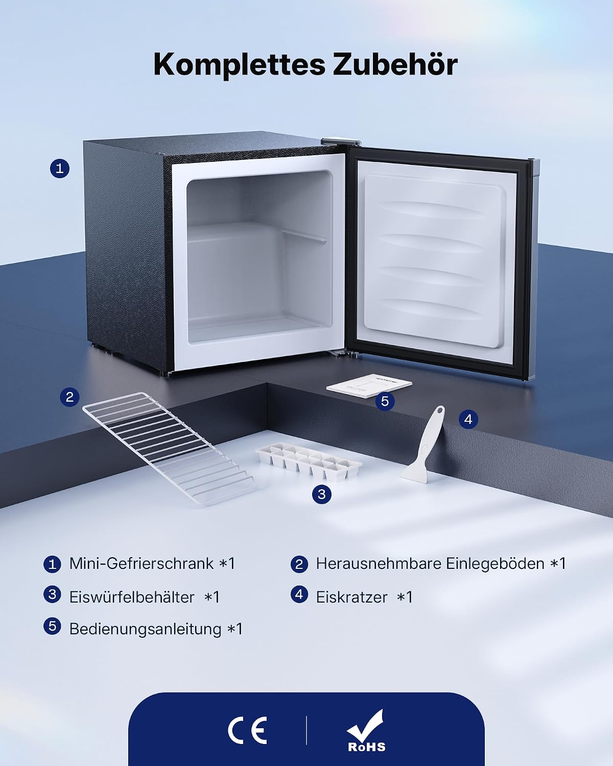 Upstreman 35L Gefrierschrank Klein, -21℃ 4 Sterne Mini Gefrierschrank,Umkehrbare Türen,Leise, Energiesparend,Reversibles Türscharnier,Tiefkühlschrank Klein,Büro, Hotel, Schwarz, UF35