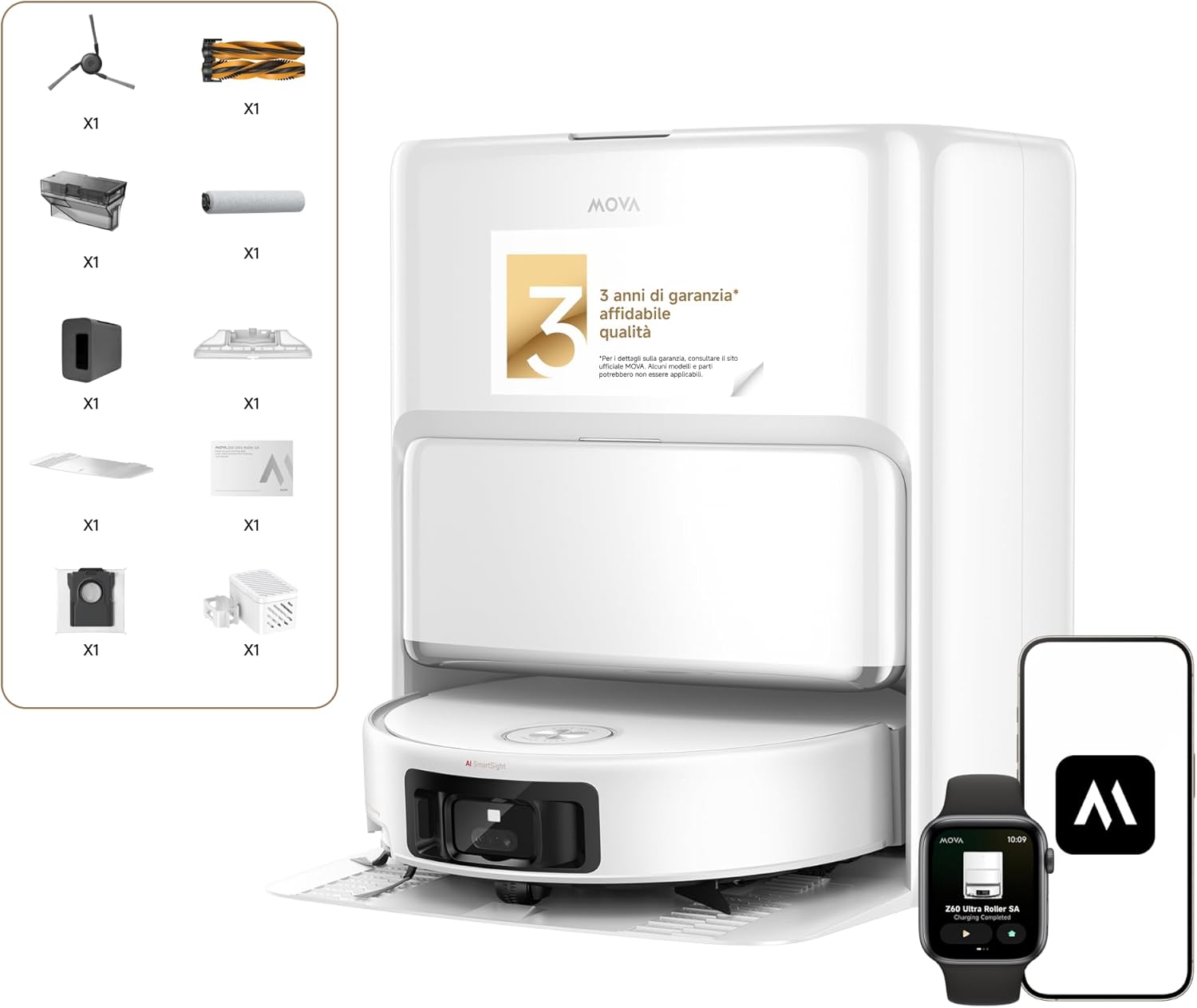 Mova Z60 Ultra Roller Standalone Robot Aspirapolvere, 26000 Pa, Lavaggio HydroForce, Tecnologia MaxiReach e AutoShield, Radar Sollevabile FlexScope, Triplo Meccanismo Antigroviglio