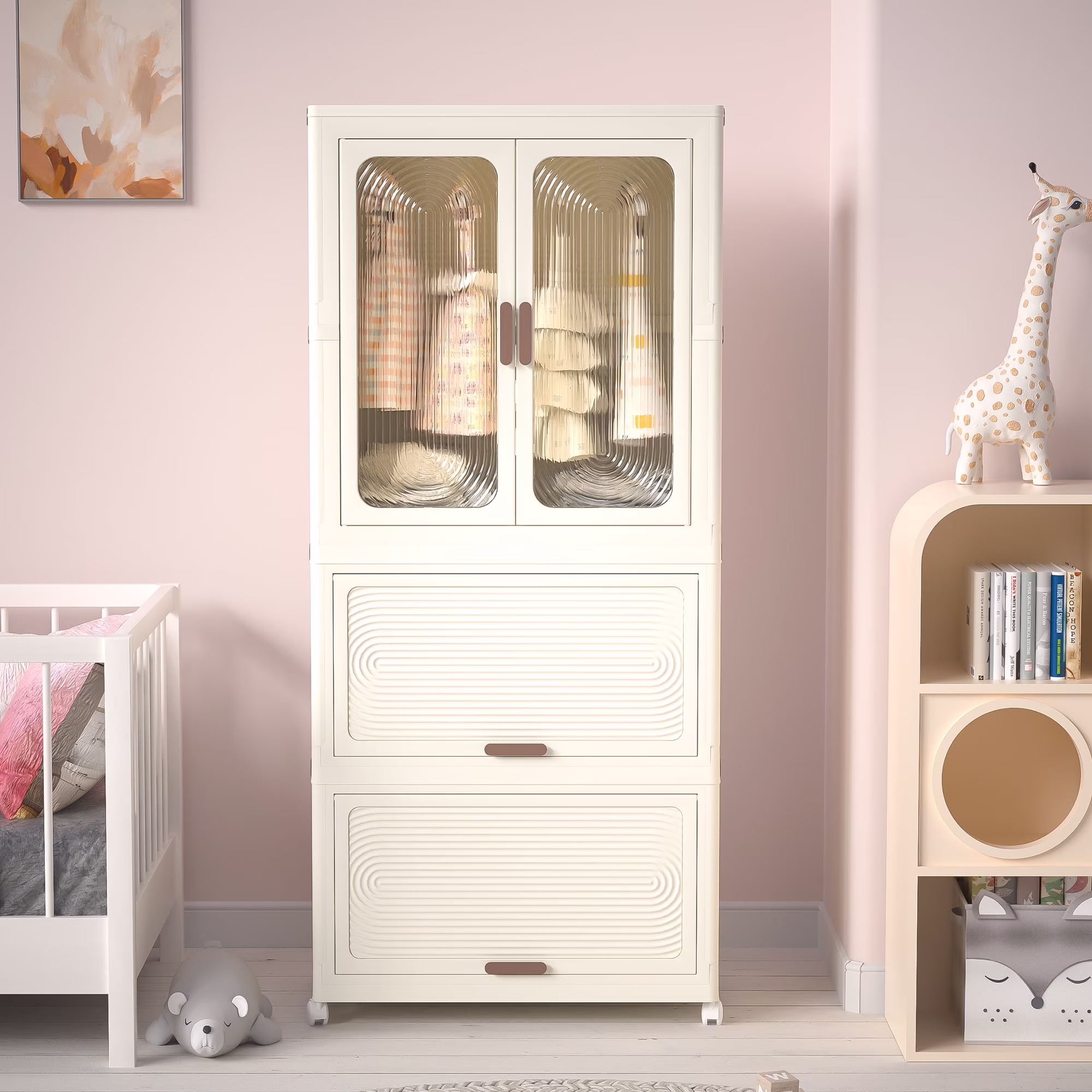 Montary Kids Portable Wardrobe w/ Magnetic Doors & Hanging Rod - 4-Cube Plastic Storage Cabinet,Nursery/Bedroom