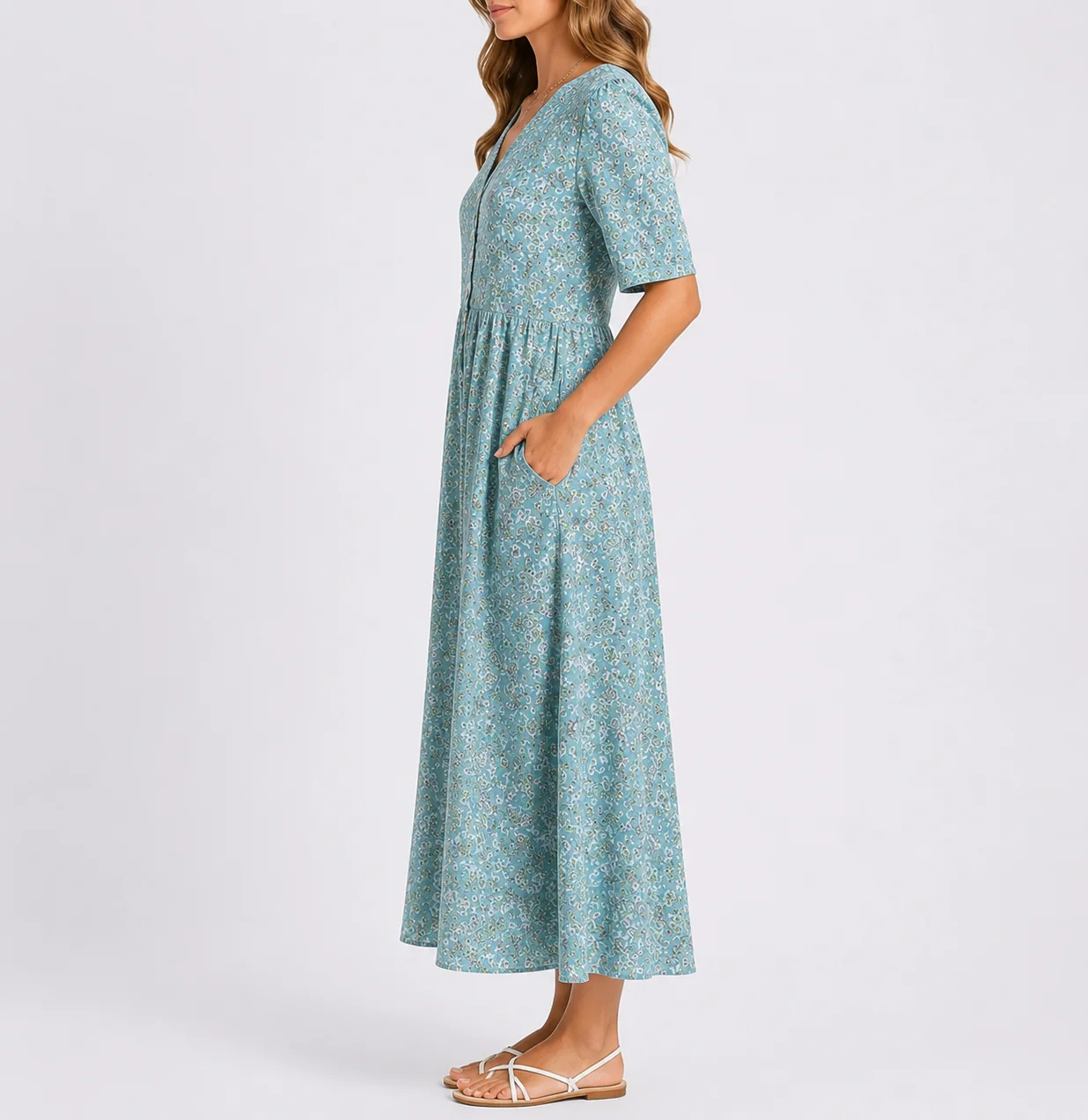 Womena??s Floral Midi Dress V-Neckline and Defined Waist