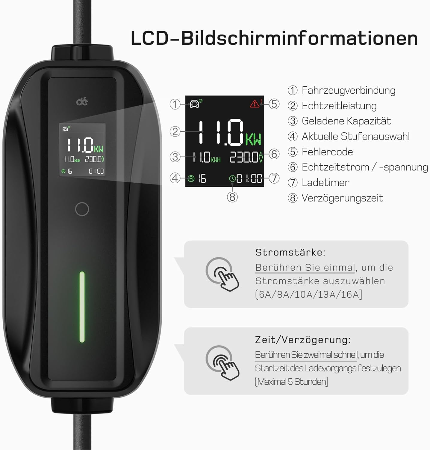 dé Mobile Wallbox/Ladestation 11kW [3-phasig|7m|6-16A] mit Traveller Adapter Set, Ladekabel CEE 16A auf Typ 2 und EV Ladegerät für Model Y/3, ID.3/4/5, MG4, EX30, e-up, e-tron, Zoe und andere EV