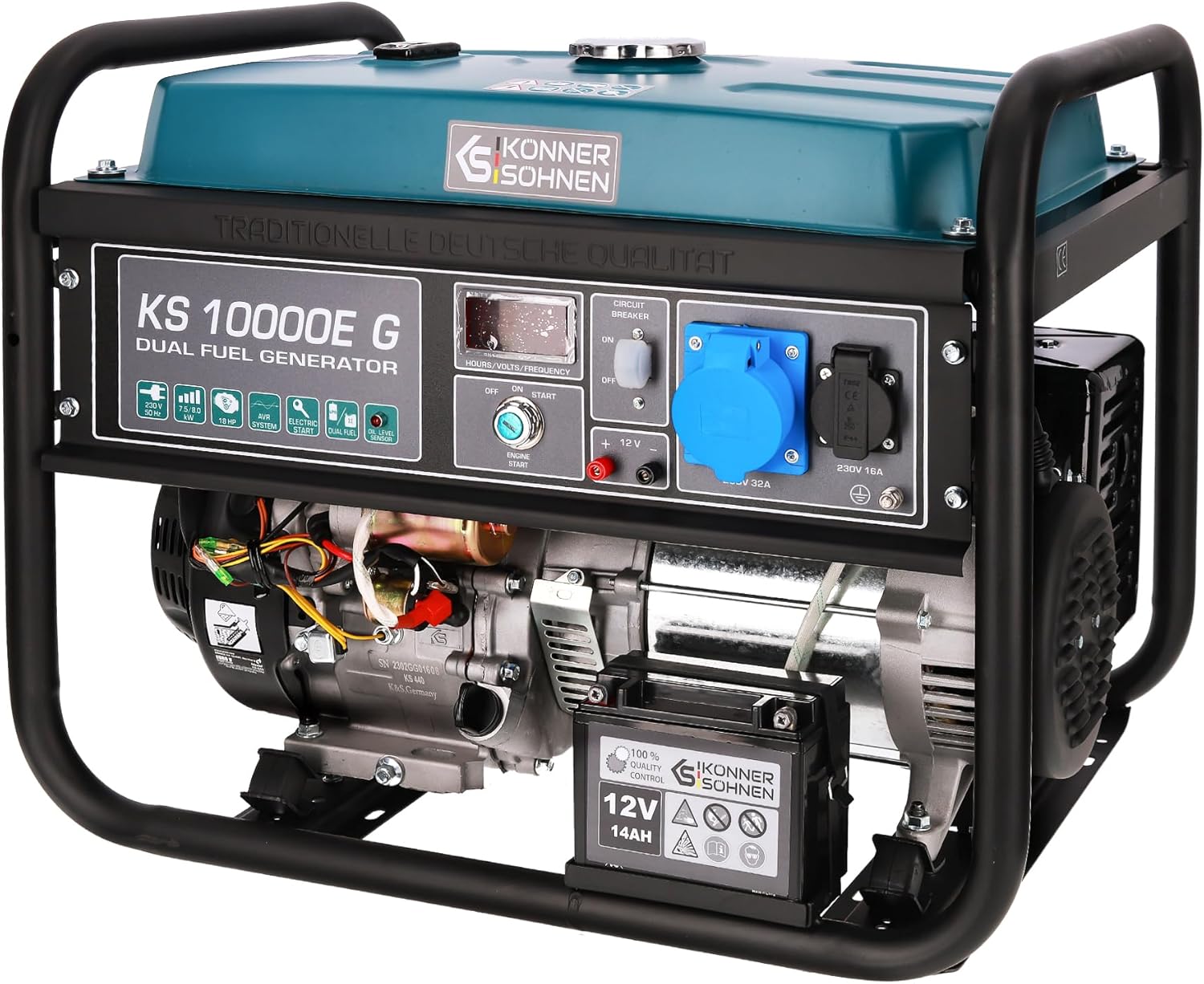 Generatore ibrido a benzina e gas KS 10000E G Serie DUAL FUEL potenza massima 8000W, 1x16A, 1х32 (230V), 12V, regolatore automatico di tensione (AVR), protezione sovraccarico e cortocircuito…