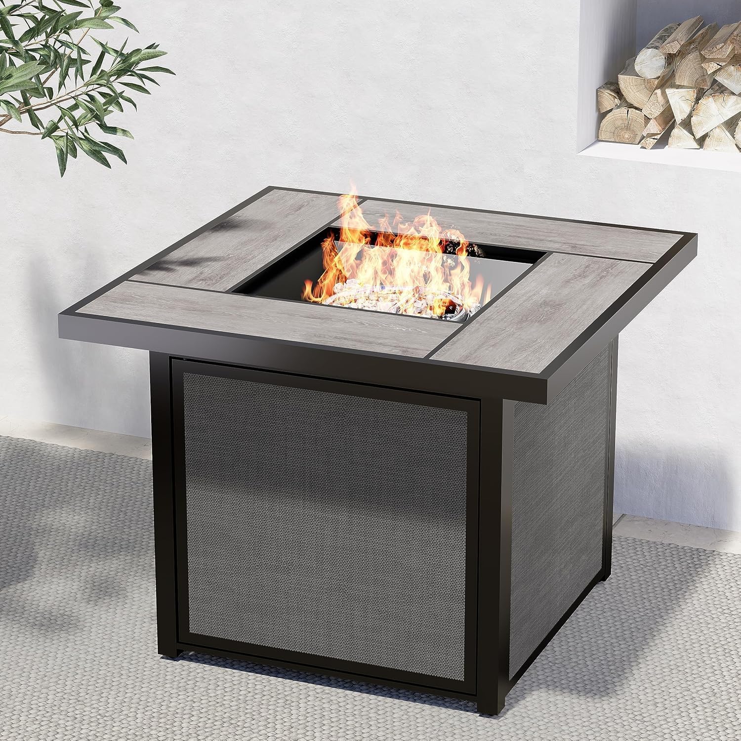 Grand Patio Outdoor Gas Fire Pit Table 32-Inch Square Propane Gas Fire Pit with CSA Safety Approval 50000 BTU Heat Sling Base Ceramic Tile Top and Lava Rock for Garden, Backyard, and Deck Parties