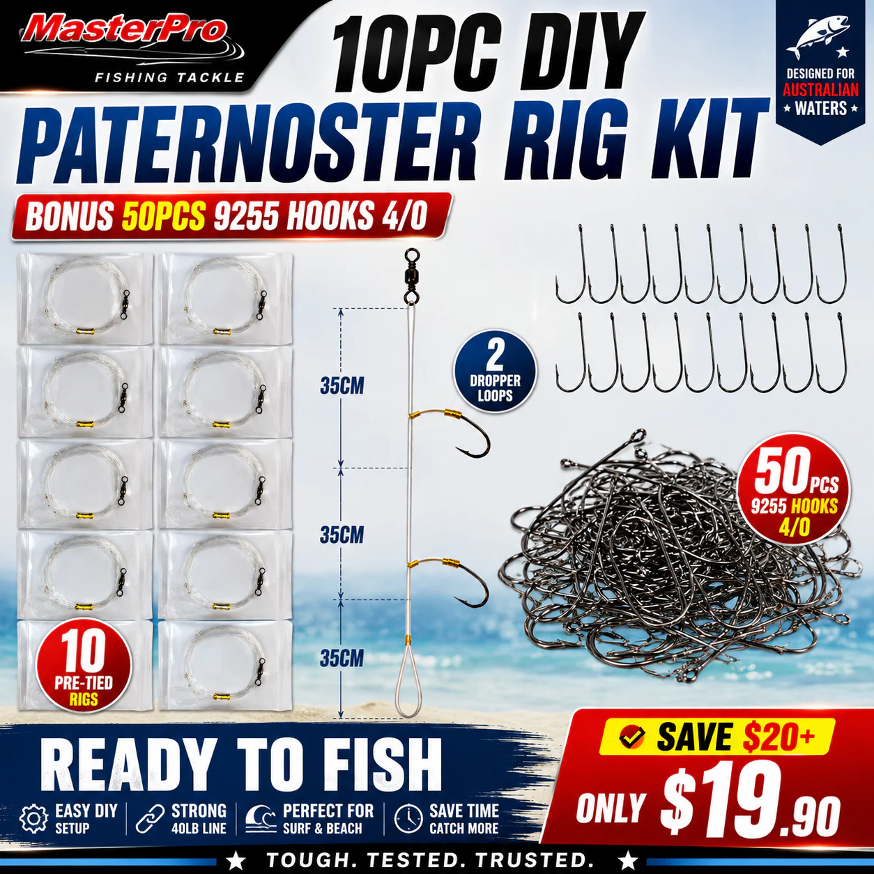 MASTERPRO 10PC DIY PATERNOSTER RIG KIT + BONUS 50PCS 9255 4/0 HOOKS �?Surf Fishing Australia