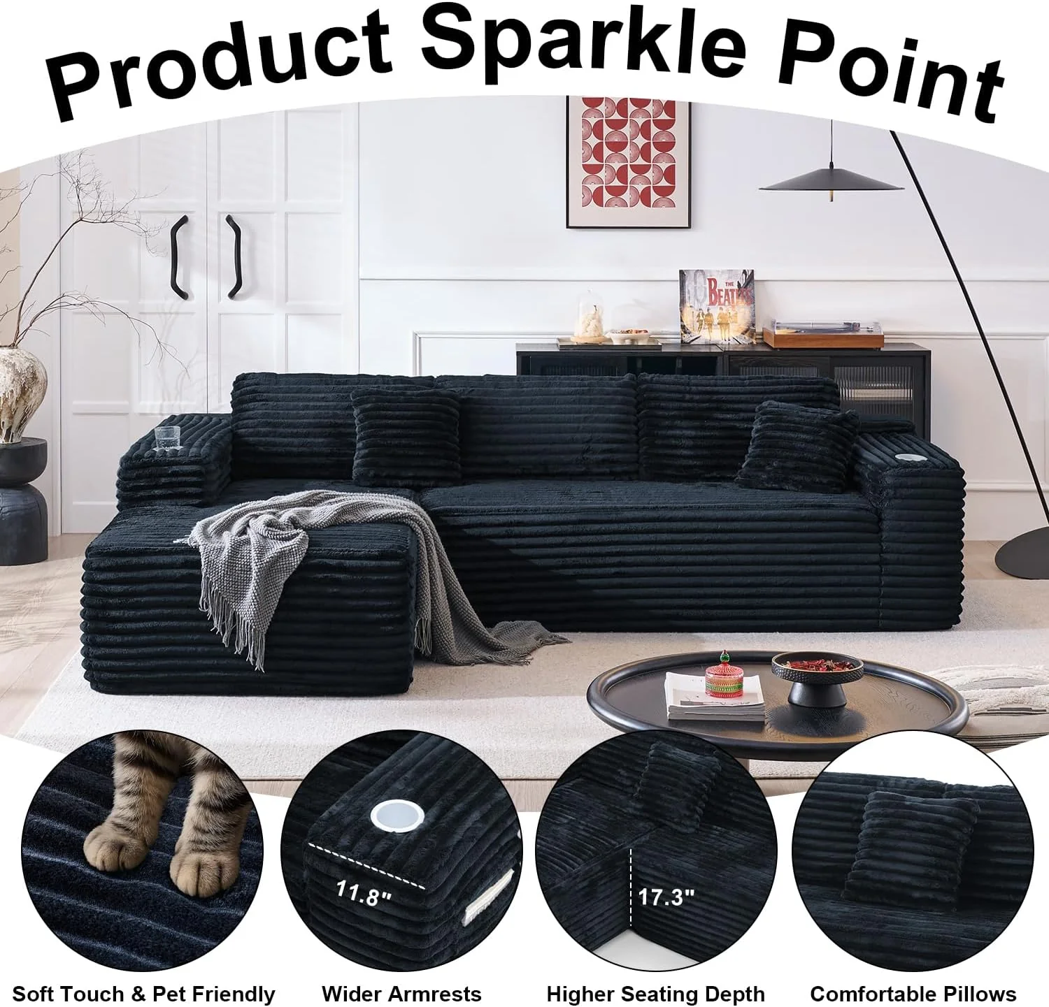 Cloud Sectional Couch with L-Shape Chaise Modern Modular Sofa Deep Seat Built-in Cup Holder