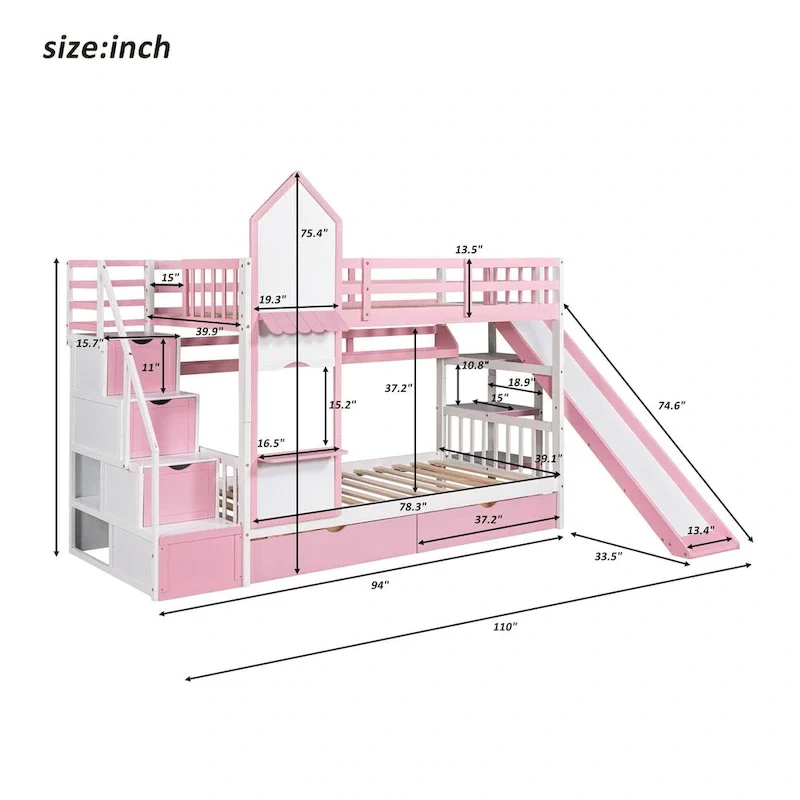 Twin-Over-Twin Castle Style Bunk Bed with Drawers,Shelves,Slide