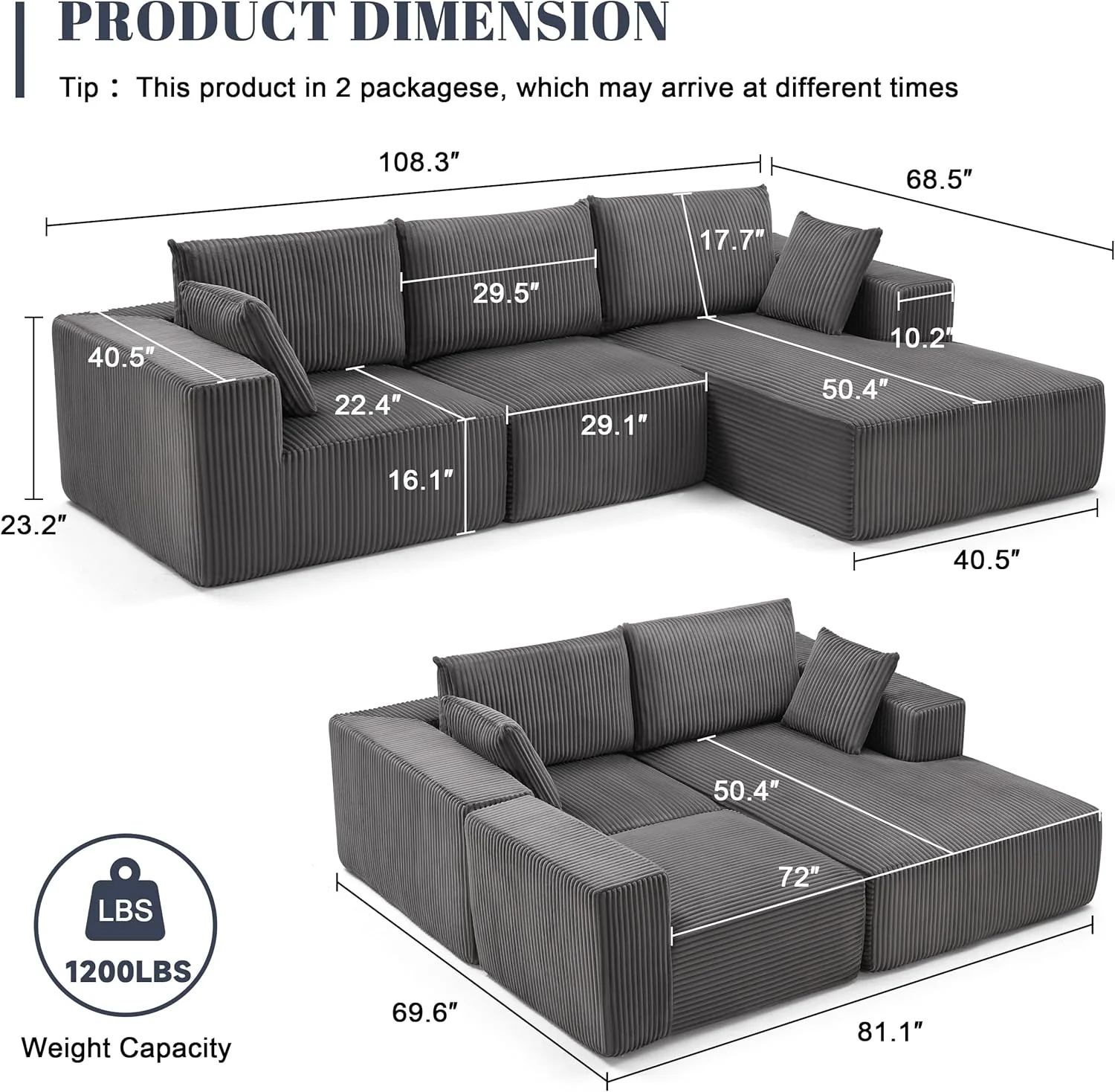 108 Modular Sectional Sofa Cloud Sectional Couch Modern Modular L-Shape Sofa Couch