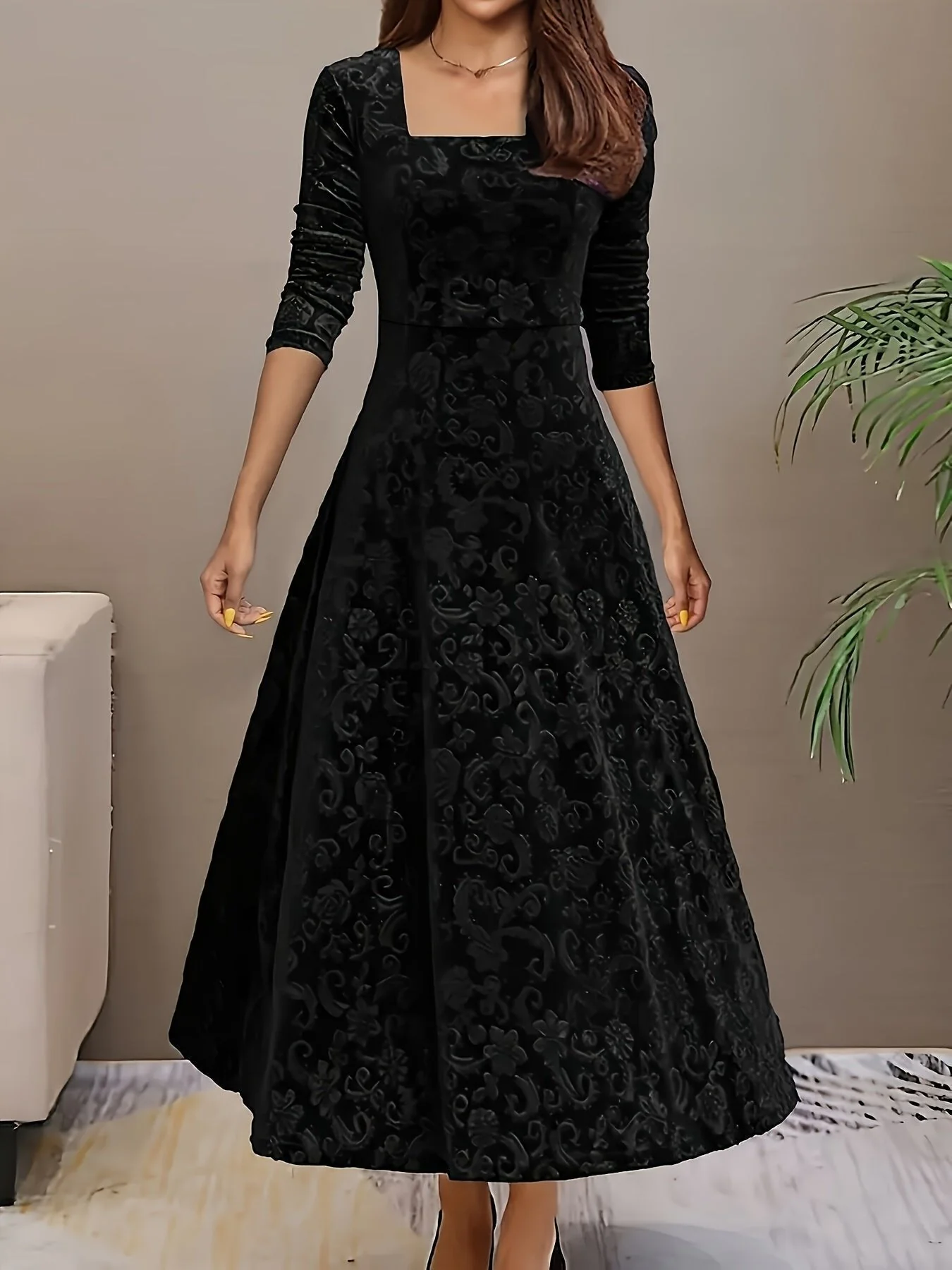 Womena??s Embossed Velvet Midi Dress Elegant A-Line with Square Neckline