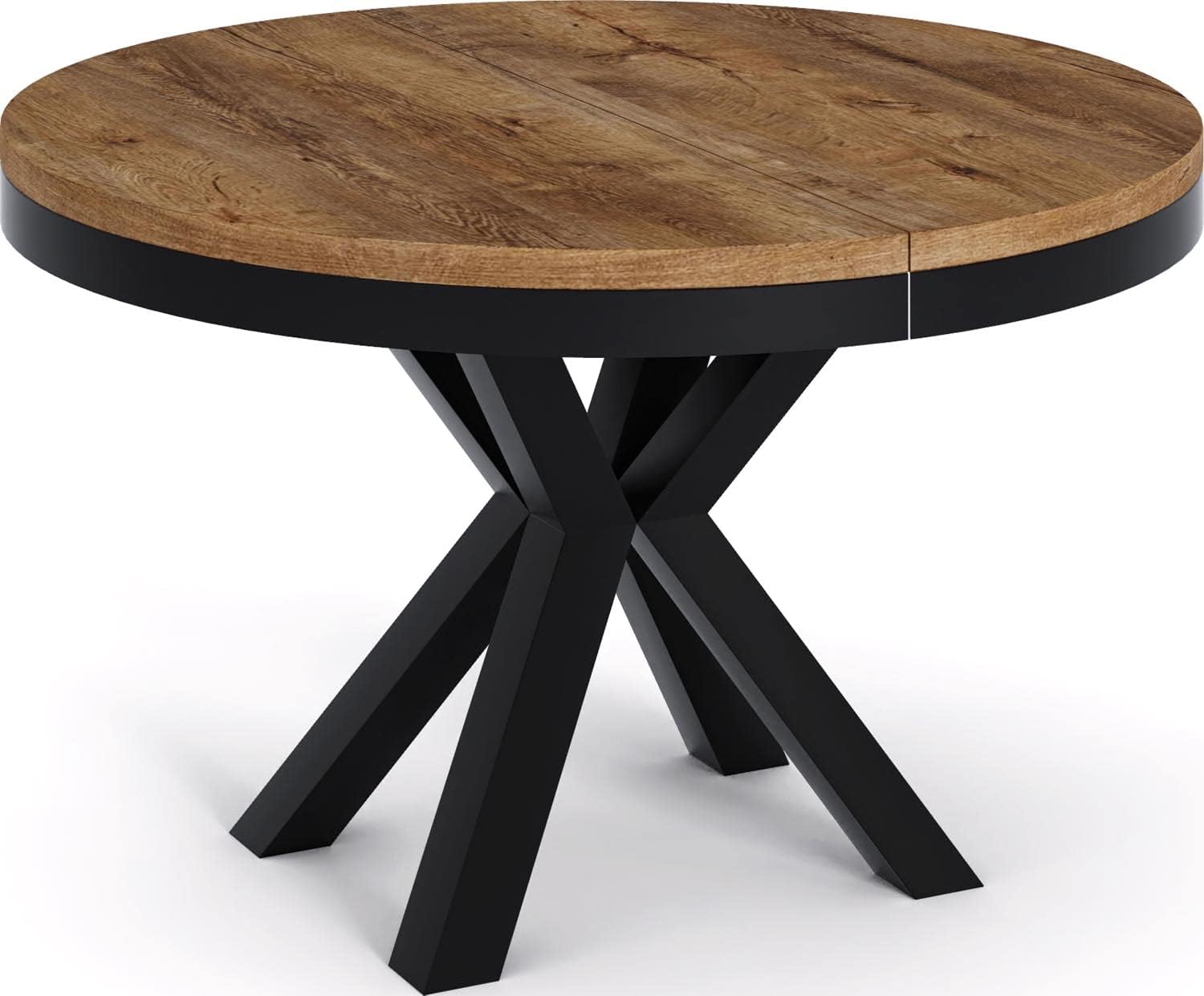 WFL GROUP Runder Ausziehbarer Esstisch im Loft-Stil - Industrieller Tisch mit Schwarzen Metallbeinen - Platzsparender Tisch für Wohnzimmer - Lefkas Eiche - 100 bis 180 cm