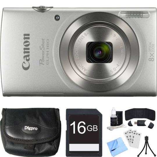 Canon PowerShot Elph 180 20MP 8x optikai zoom ezüst digitális fényképezőgép 16GB kártyacsomag