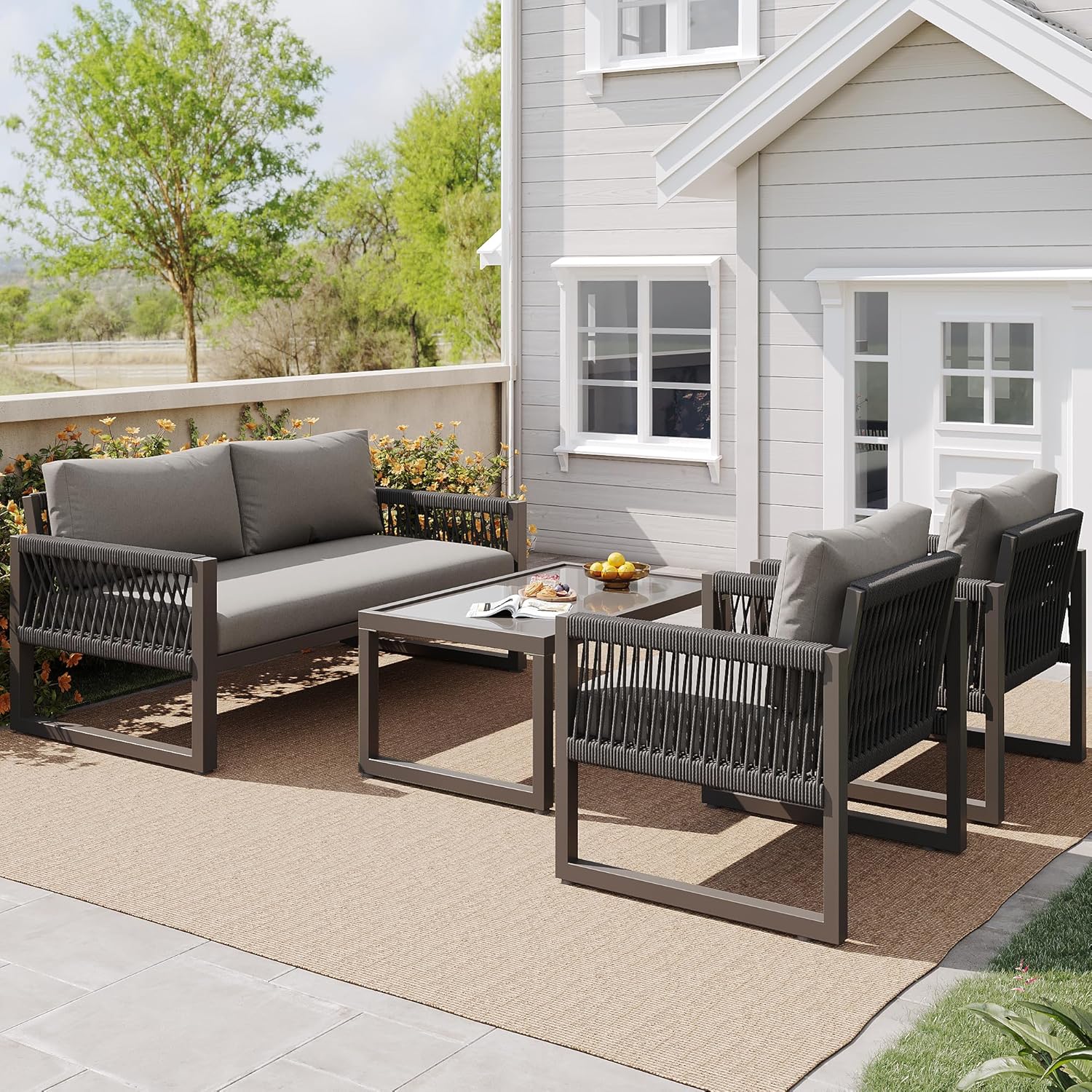 Merax Garten-Lounge-Set 4 Sitz – Seilgeflecht Sitzgruppe mit verzinktem Eisenrahmen, wetterfest, Loungesessel mit Sitz- & Rückenkissen, verstellbaren Füßen, Couchtisch mit Glasplatte, Grau