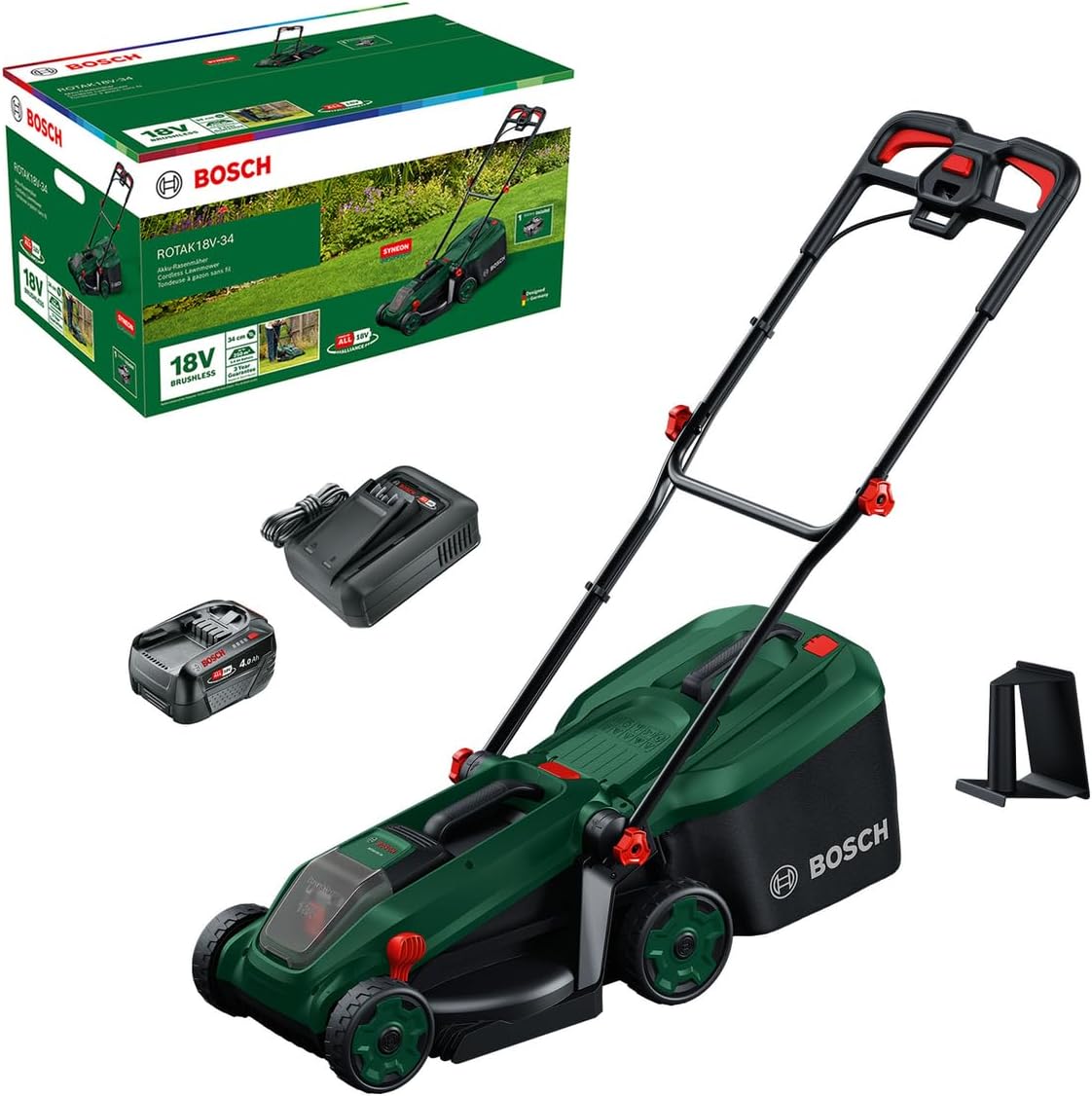 Akku-Rasenmäher ROTAK18V-34 (Schnittbreite: 34 cm, Schnitthöhe: 25-65 mm, 35 l Stoff-Grasfangkorb, Mulchstopfen, inkl. Akku und Ladegerät)