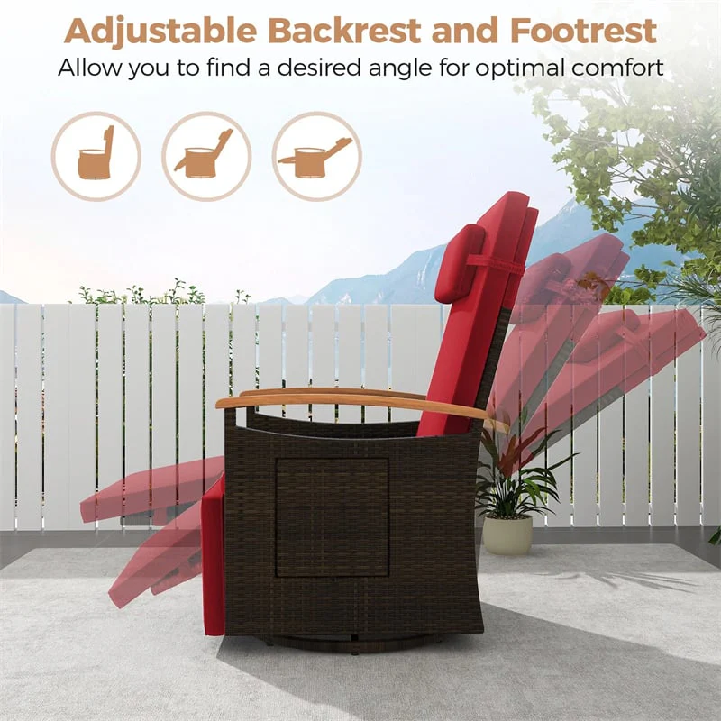 Outdoor Rattan 360° Swivel Recliner Chair, Patio Wicker Chaise Lounge Chair with Adjustable Backrest & Footrest, Flip Side Table & Cushions