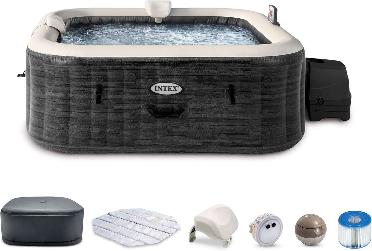 INTEX 28451EP PureSpa Greystone Deluxe Spa Set: Includes Energy Efficient Spa Cover and Wireless Control Panel – Spa Control App – Built-In FastFill Inflation System – 6 Person Capacity – 77