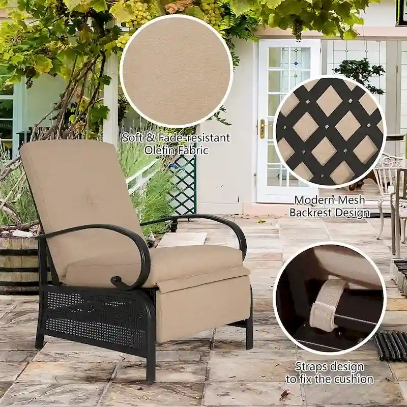 Adjustable Recliner Lounge Chair Patio Lounge Sofa with Cushion - 38 (D) x 26.5 (W) x 38.5 (H) INCH