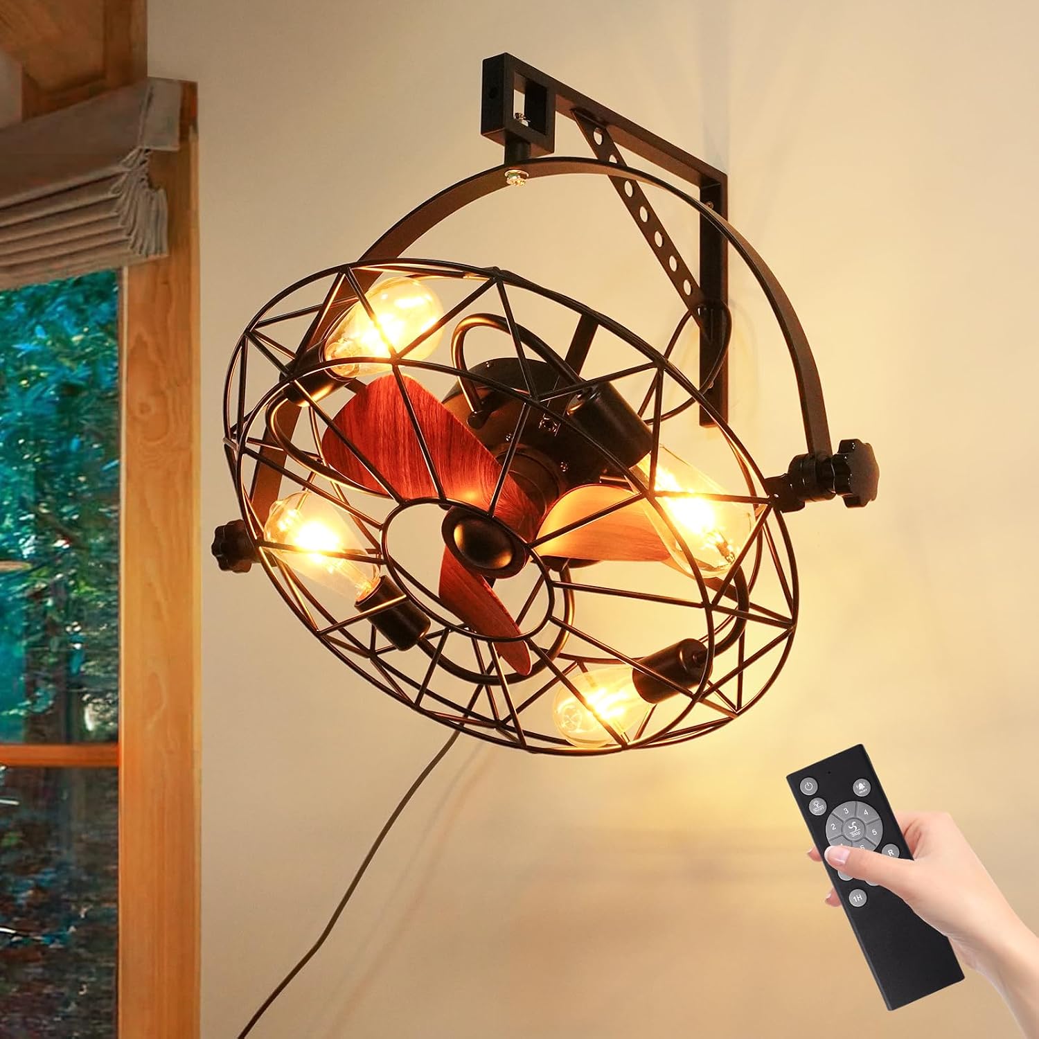 Umkehrbar E27 Deckenventilator mit Fernbedienung, 360 Grad Einstellbar, Vintage Lampe mit Ventilator Leise, mit 6 Windgeschwindigkeiten und Timer-Funktion, für Wohnzimmer Schlafzimmer Garage