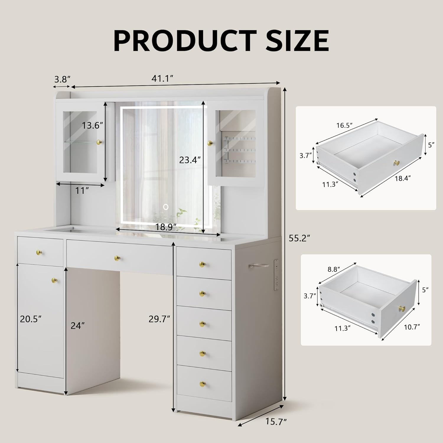 iPormis Vanity Desk with Mirror and Lights, Glass Top Makeup Vanity with RGB Light and Power Outlet, Dressing Table Mirror with 3 Lighting Colors, 7 Drawers, 3 Cabinets, White Vanity for Bedroom