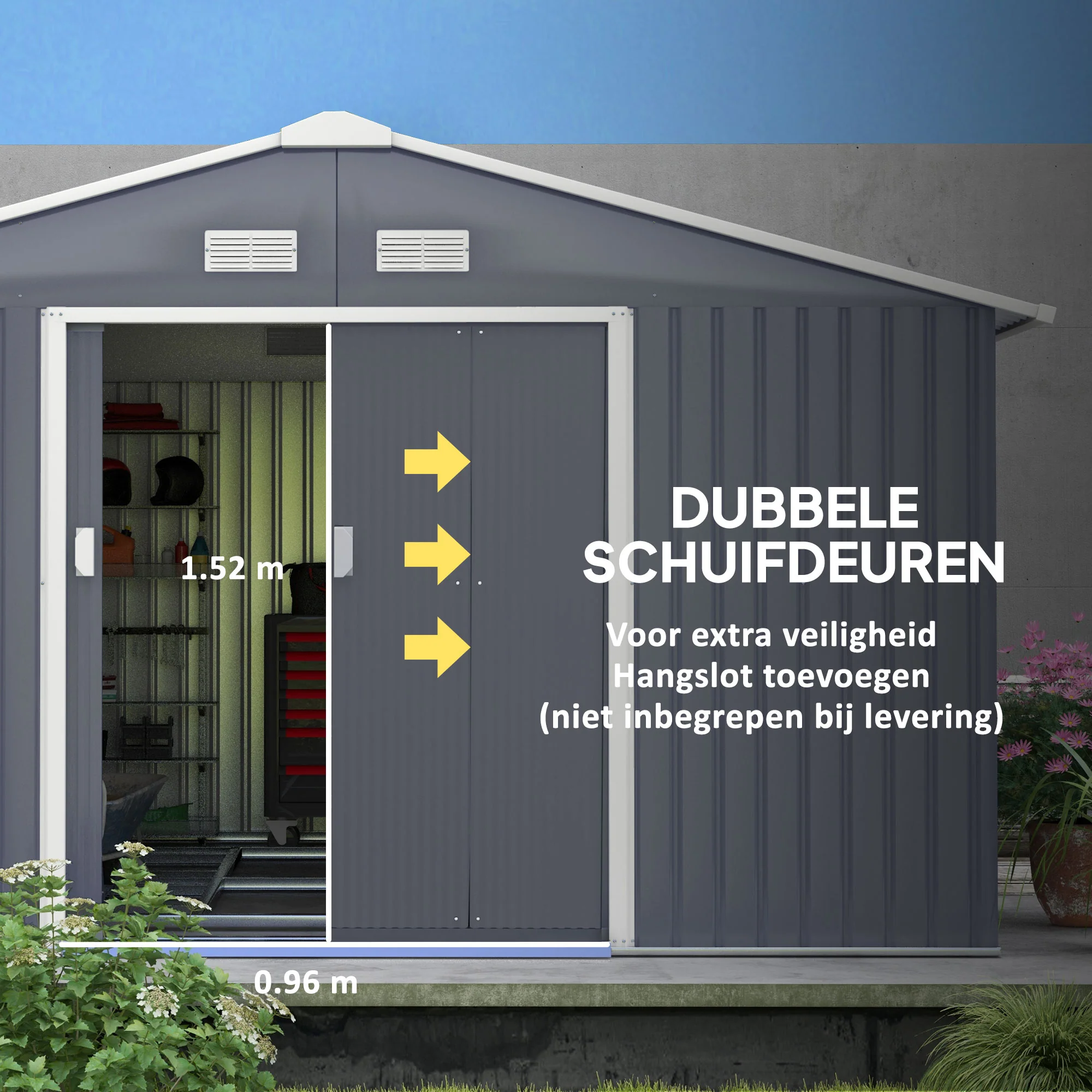 Outsunny Gereedschapsschuur met fundering 24,5 m³ gereedschapsschuur tuinhuisje stalen schuifdeur