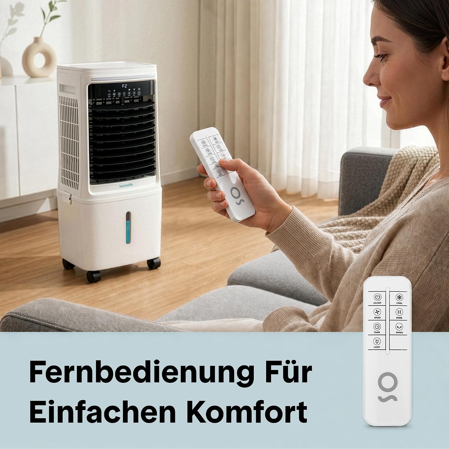 SereneLife Klimaanlage ohne Abluftschlauch, 25L Verdunstungsluftkühler für Große Räume, 1700 CFM, Kühlakku-Funktion, Timer Abnehmbarer Wassertank 80W, 60/120°Oszillation, Leise mit Rollen