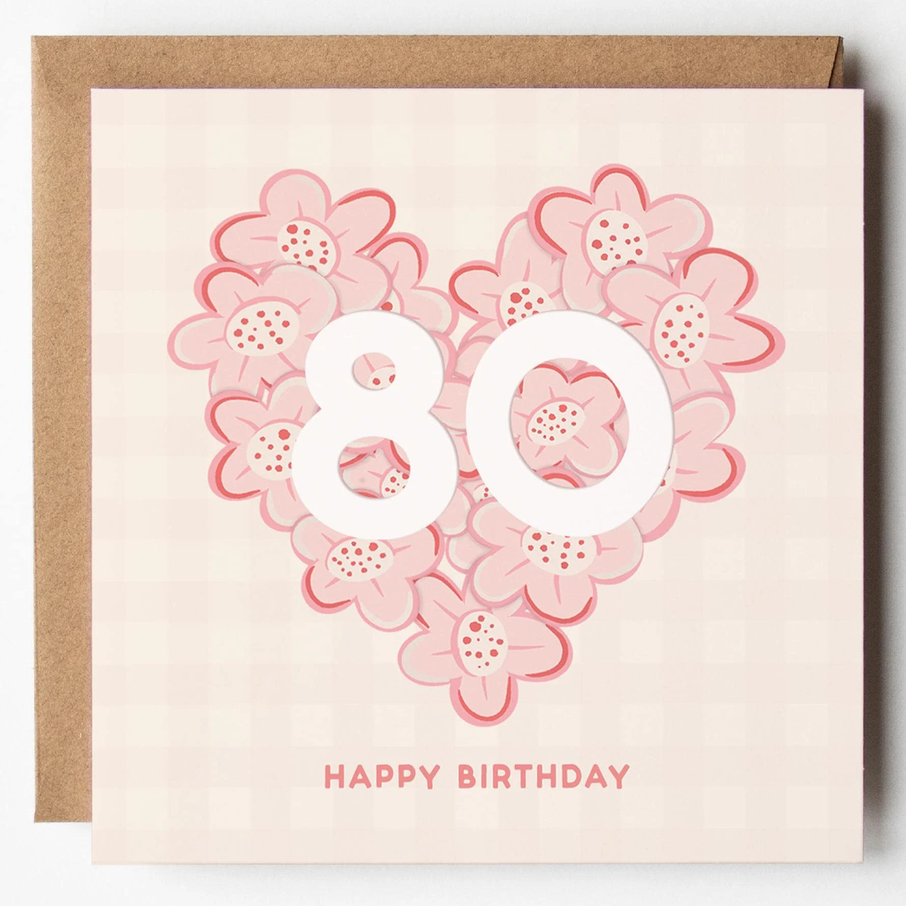 80th Birthday Card for Her; mum, granny, sister, friend, auntie, pretty, pink, with Kraft envelope