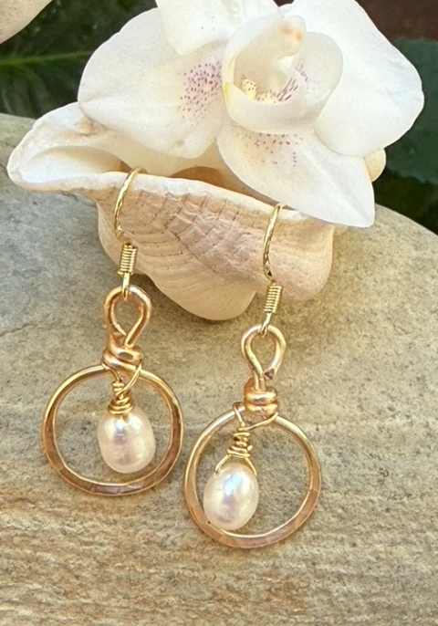 Simple Pearl Hammered Gold Hoops