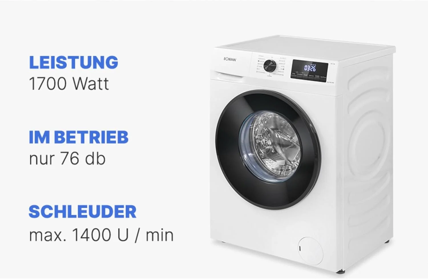 Bomann Wasmachine 7kg | maximaal 1400 tpm | 10 jaar motorgarantie | Effici?nte, stille en duurzame invertermotor | 15 programma's | Eindtijd Netnummer | LED-scherm | Wasmachine | WA 7175 wit