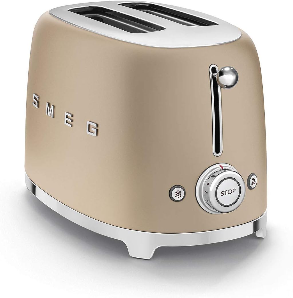 Smeg, Tostapane 2x2 TSF01CHMEU, 2 Scomparti da 36mm, 6 Livelli di Doratura, Funzione Riscaldamento, Scongelamento e Bagel, Espulsione Automatica del Pane, Cassetto Raccoglibriciole, 950W, Champagne