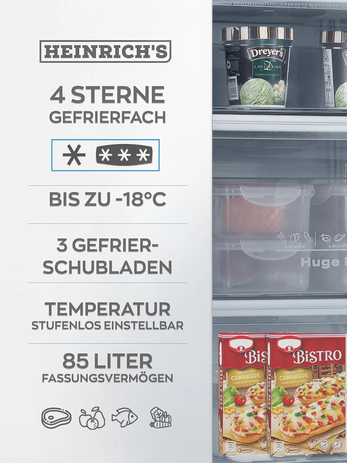 Heinrich´s Gefrierschrank 61Liter -18°C Freezer, 3x Gefrierschublade, 7 Stufen Temperaturregler, Airflow, wechselbarer Türanschlag weiß