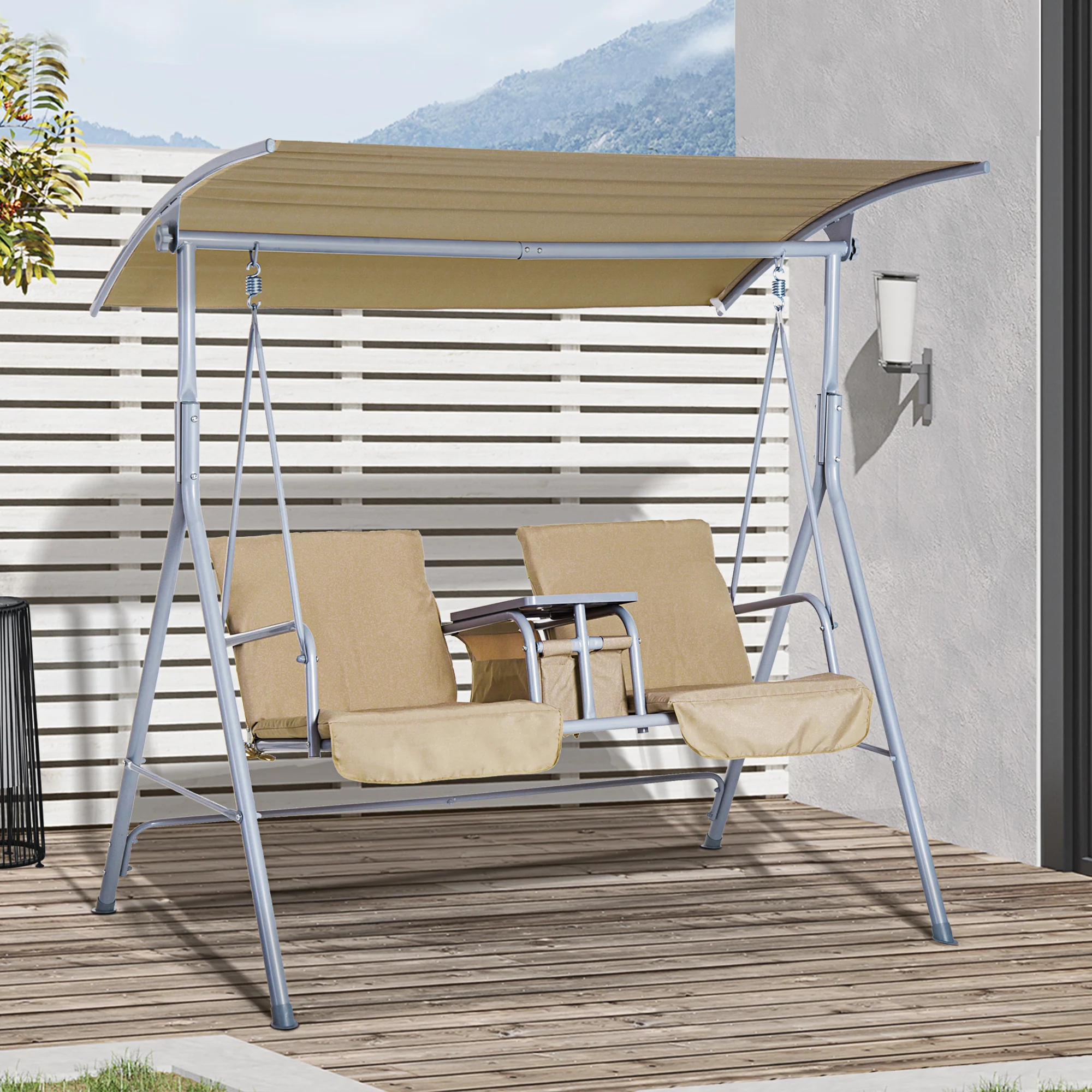 Outsunny Hollywoodschaukel 2-Sitzer mit Sonnendach Becherhalter
