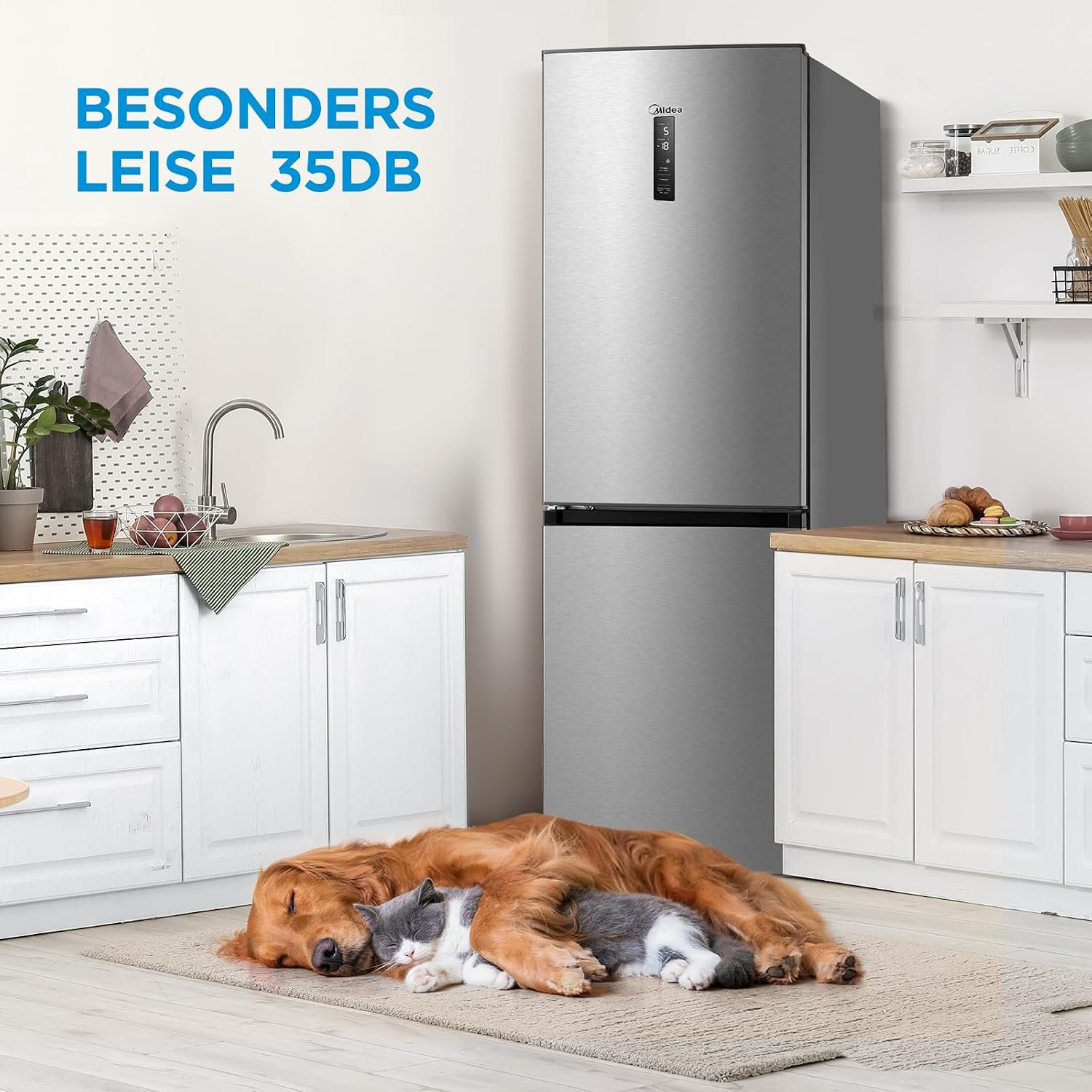Midea MERB345MGC02 Kühl-/Gefrierkombination/No Frost/185 cm hoch / 59,5 cm breit /70 cm tiefe/171 kWh/Jahr/216 L Kühlteil/ 122 L Gefrierteil/Twin Control/mit Chiller Box, Front Inox
