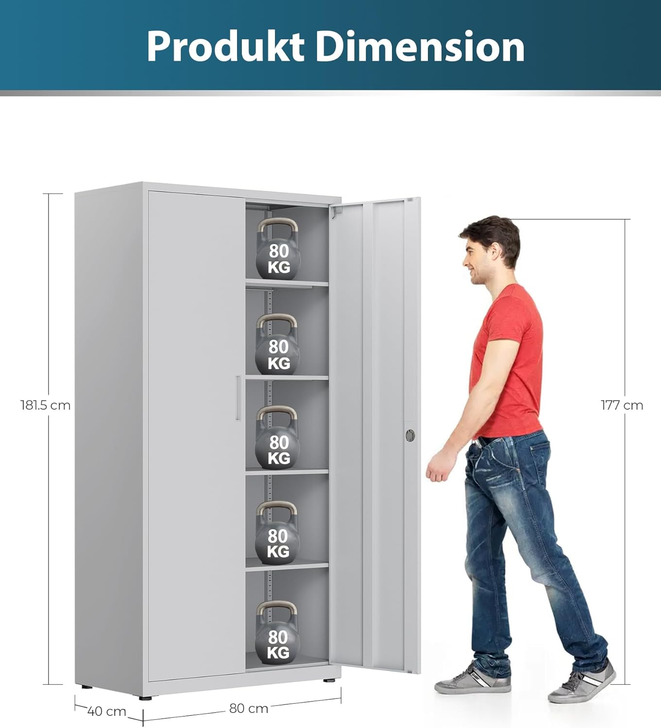 Aktenschrank, Mehrzweckschrank, Stahl-Aufbewahrungsschrank, Werkstattschrank, 180 x 80 x 40 cm, graues weiß