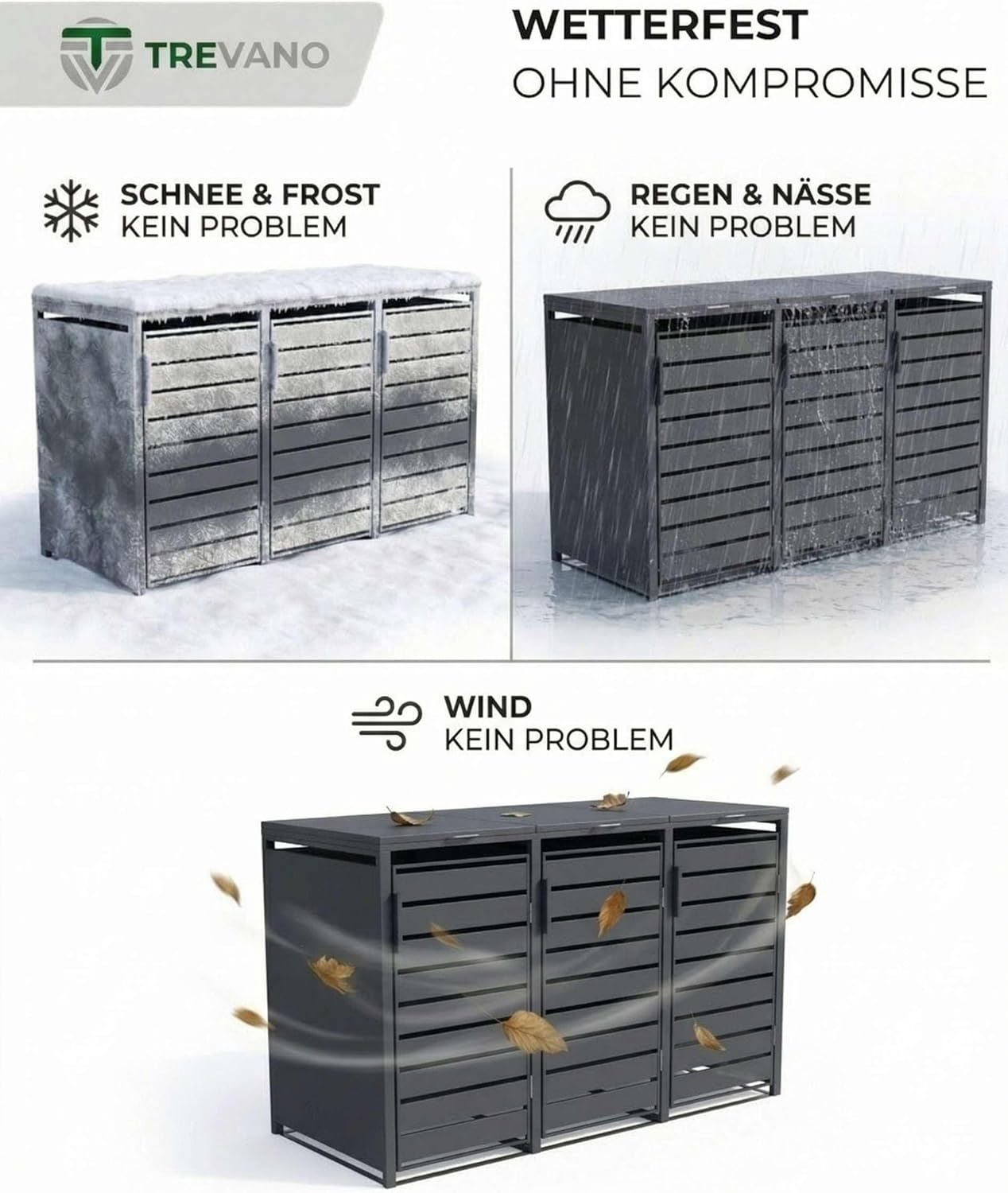 TREVANO Mülltonnenbox 3er 240l - Mülltonnenverkleidung 3 Tonnen Anthrazit - Robustes Mülltonnenhaus aus Stahl - Wetterbeständige Müllboxen für 3 Tonnen - Mülltonnen Unterstand 120l-240l