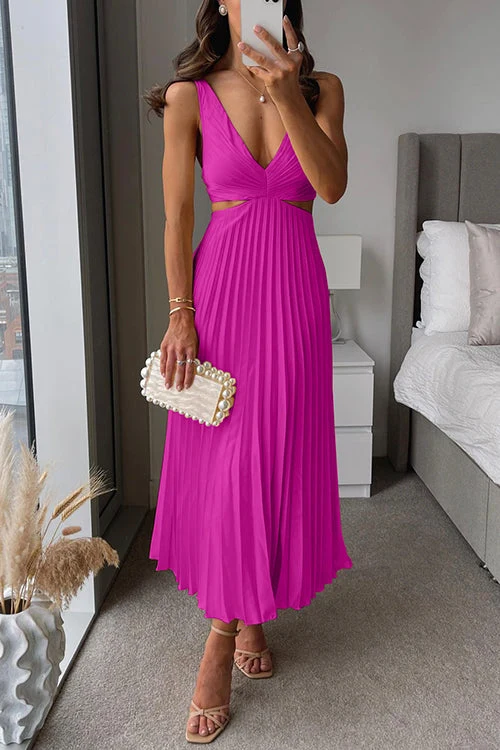 Women��s Pleated Maxi Dress Elegant V-Neck Sleeveless Style