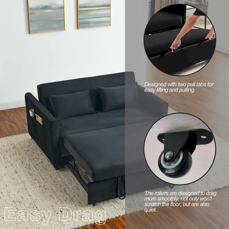 Convertible Sofa Bed, 3-In-1 Versatile Velvet Double Sofa With Pullout Bed