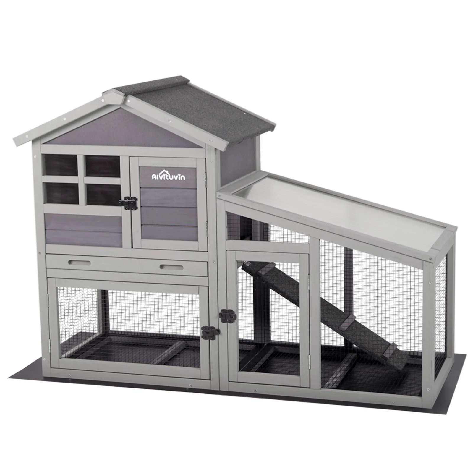 Aivituvin Rabbit Hutch Outdoor Indoor Bunny Cage with Pull Out Tray, Upgraded Chicken Coop with Removable Wire Mesh Bottom, Gray