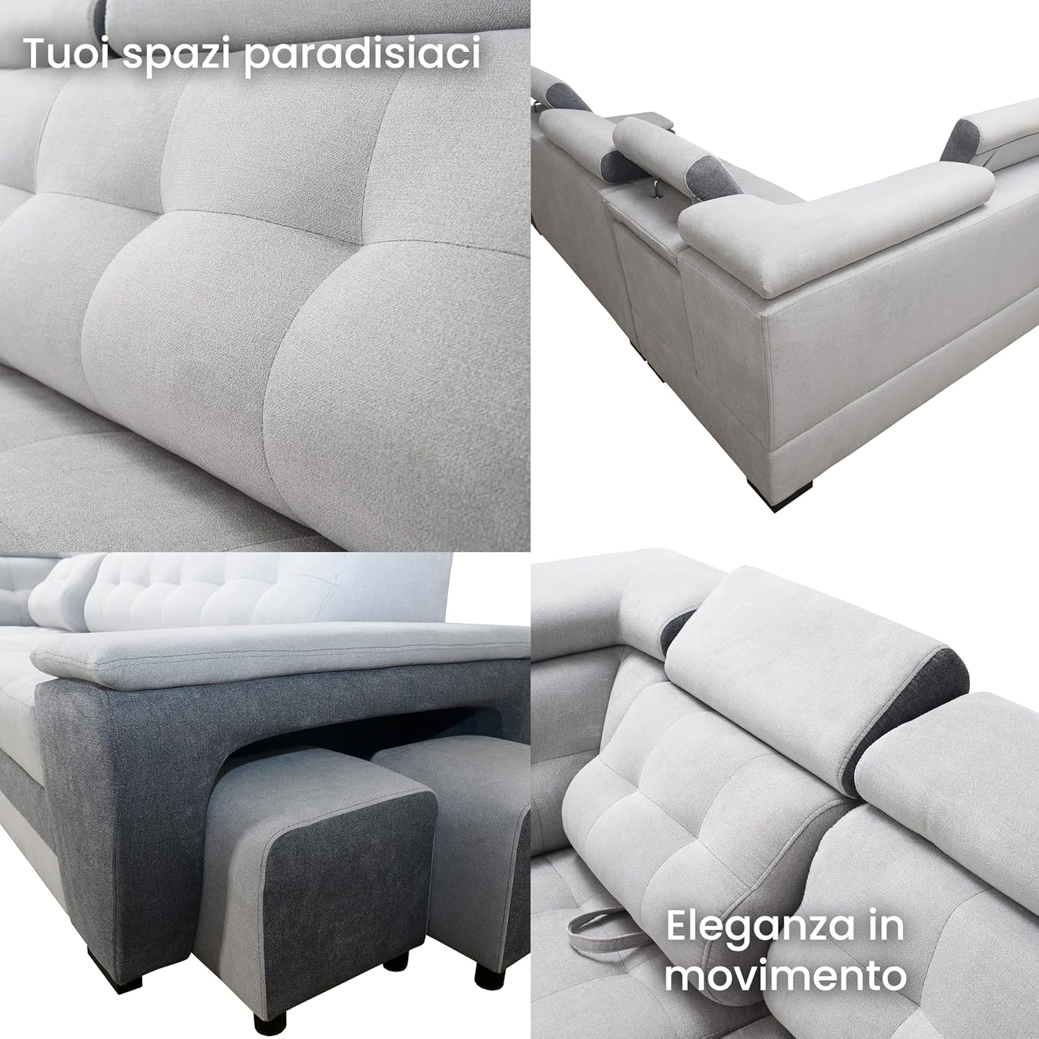 Robin Grand Divano angolare con funzione di letto cassetto per la biancheria due pouf poggiatesta regolabile angolo a sinistra grigio scuro 277 x 180 x 100