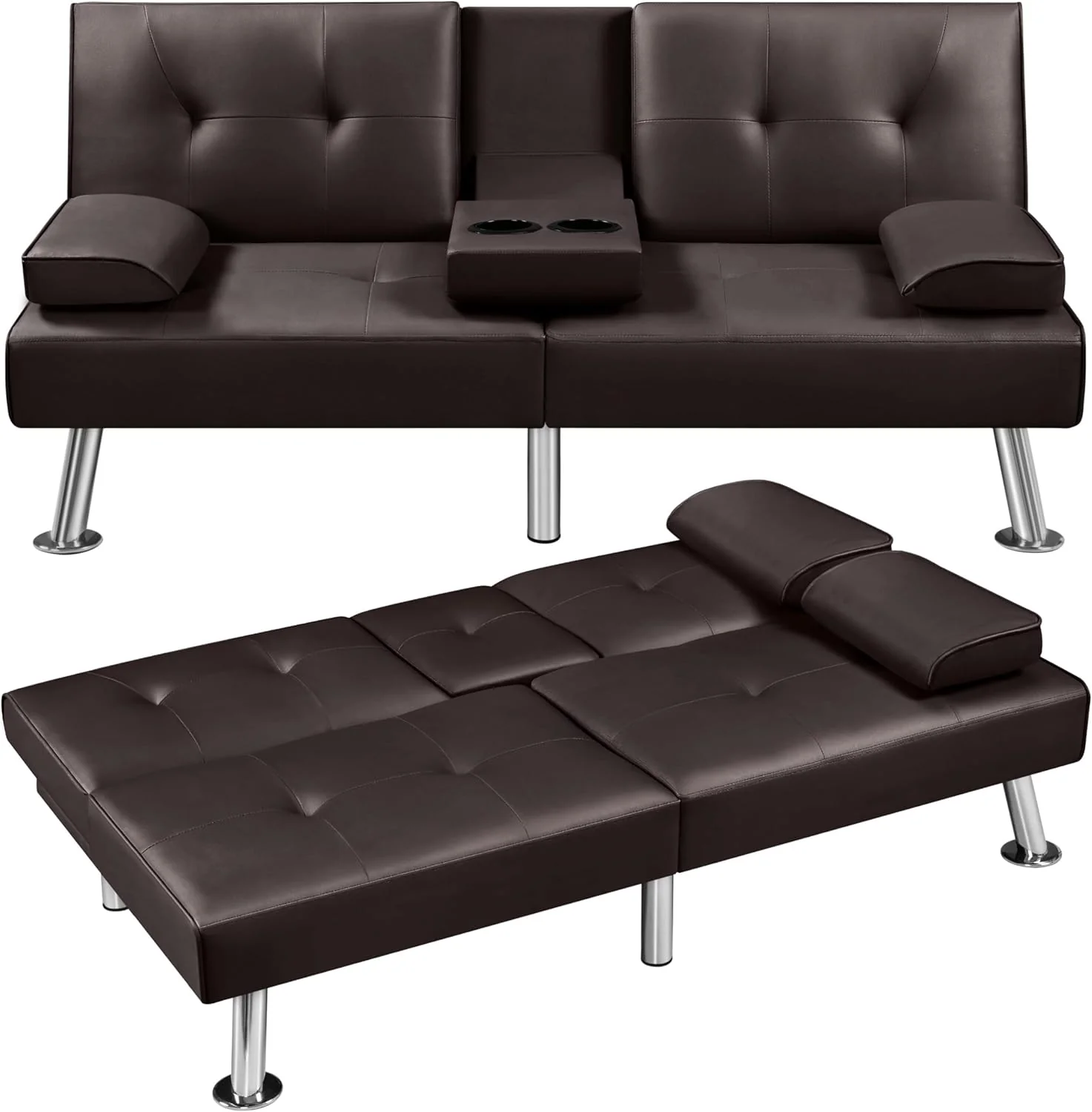 Yaheetech Convertible Sofa Bed Adjustable Couch Sleeper Modern Faux Leather Home Recliner Reversible Loveseat Folding Daybed Guest Bed, Removable Armrests, Cup Holders, 3 Angles, 772lb Capacity, Brown