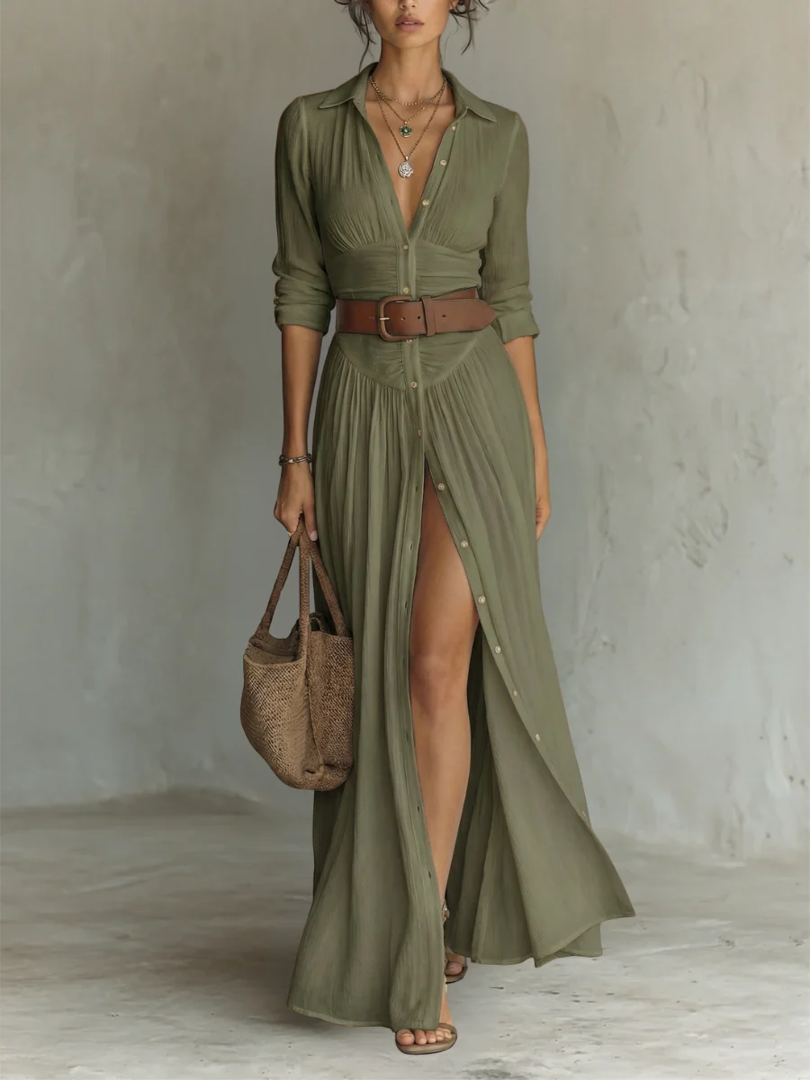 Women��s Elegant Long Sleeve Maxi Dress with Pleated Design