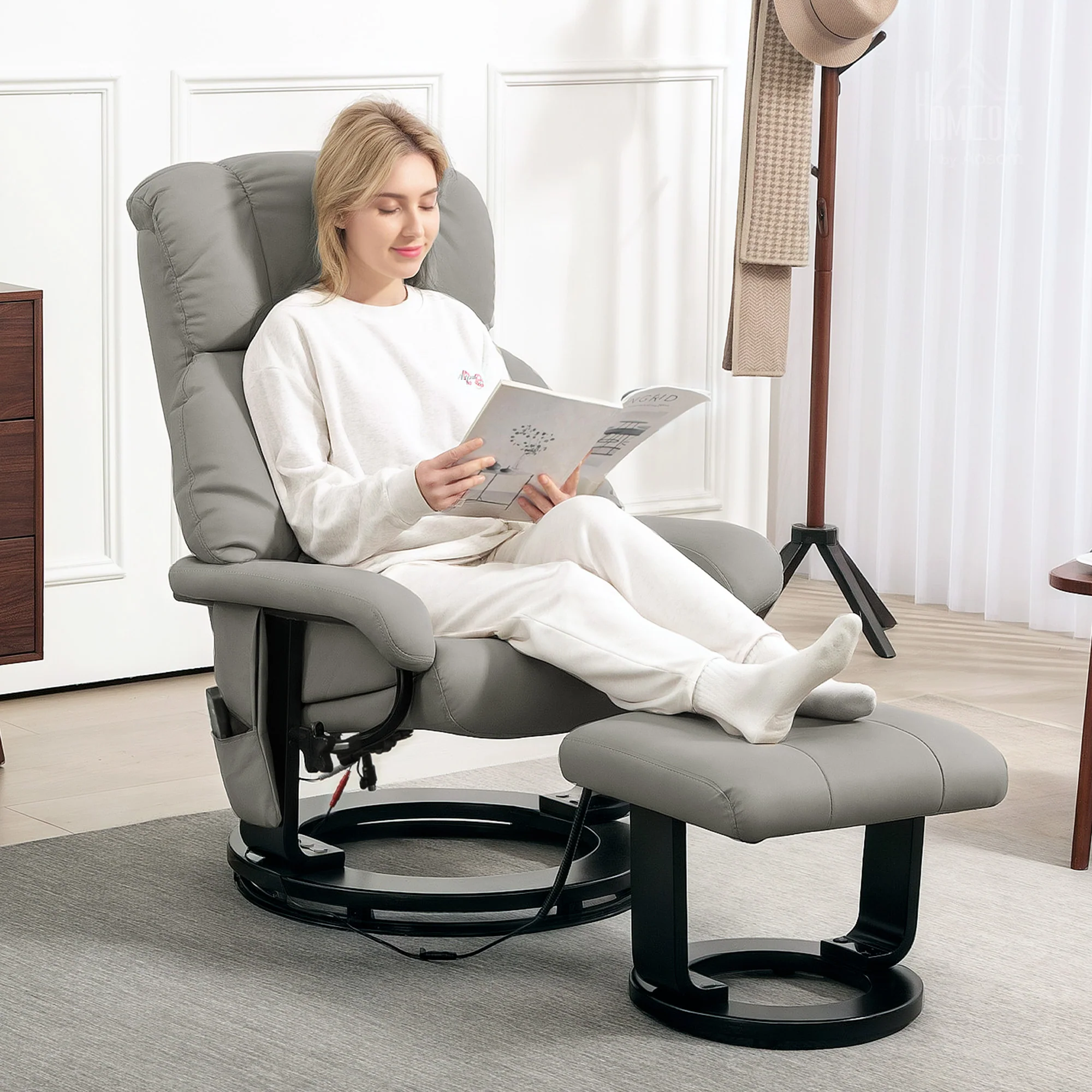 HOMCOM Relaxsessel Grau mit Massage, Liegefunktion & Fußhocker, Kunstleder