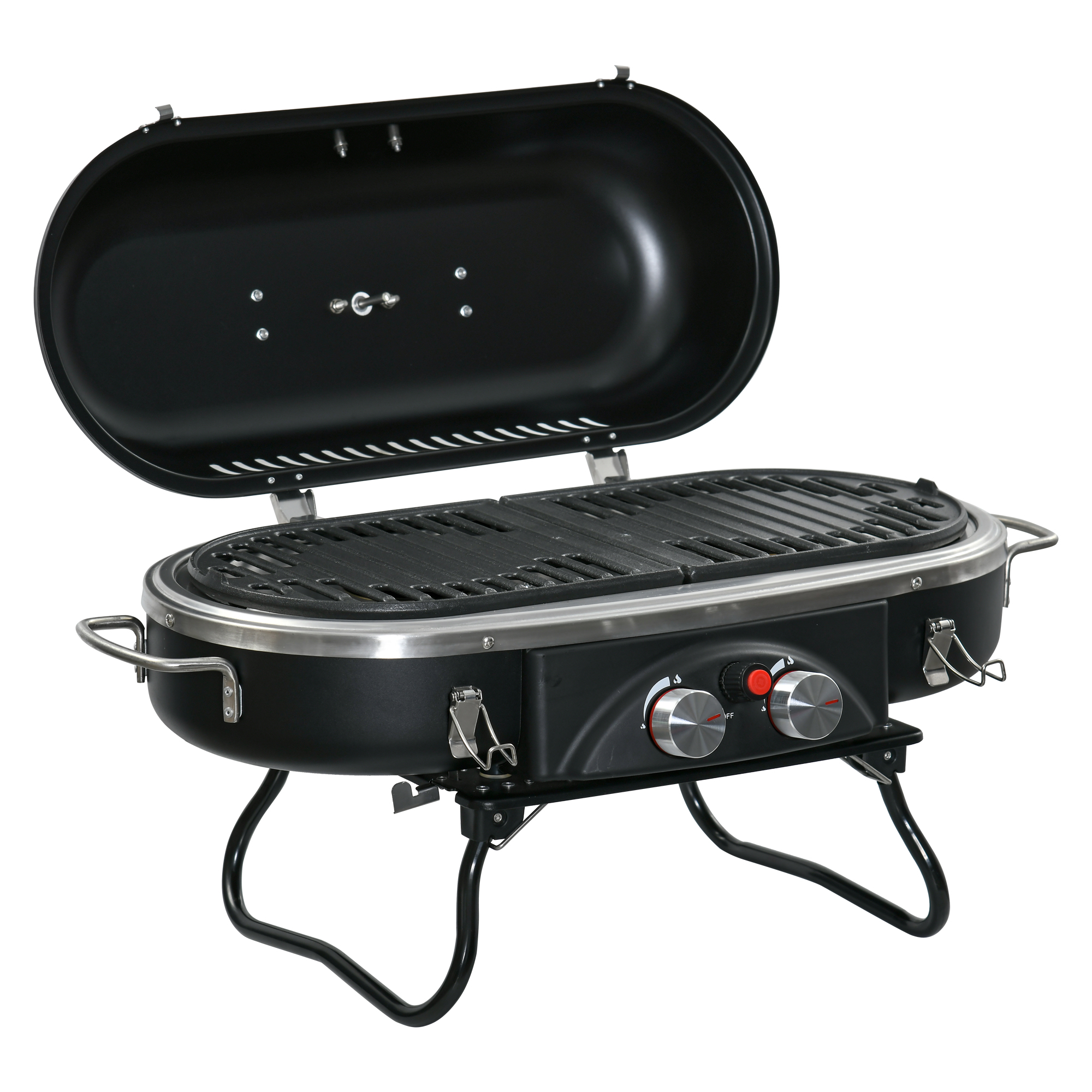 Outsunny Gasbarbecue 2,34 KW Opvouwbaar BBQ Tuinbarbecue incl 2 Roestvrijstalen Branders Drukverminderaar 66 x 34,5 x 37 cm Zwart