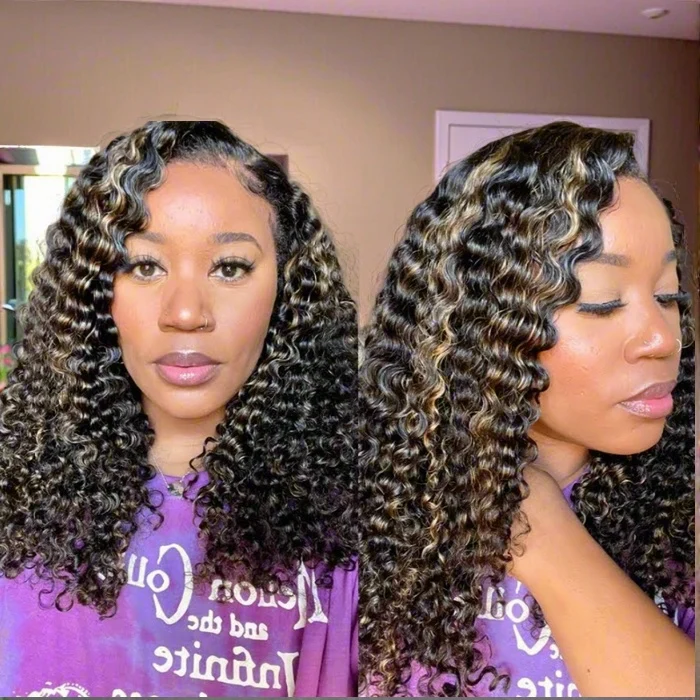Cynosure Bayalage Highlight Curly Glueless 8X5 Lace Closure Wigs Pre Bleached Pre Plucked Human Hair Wigs