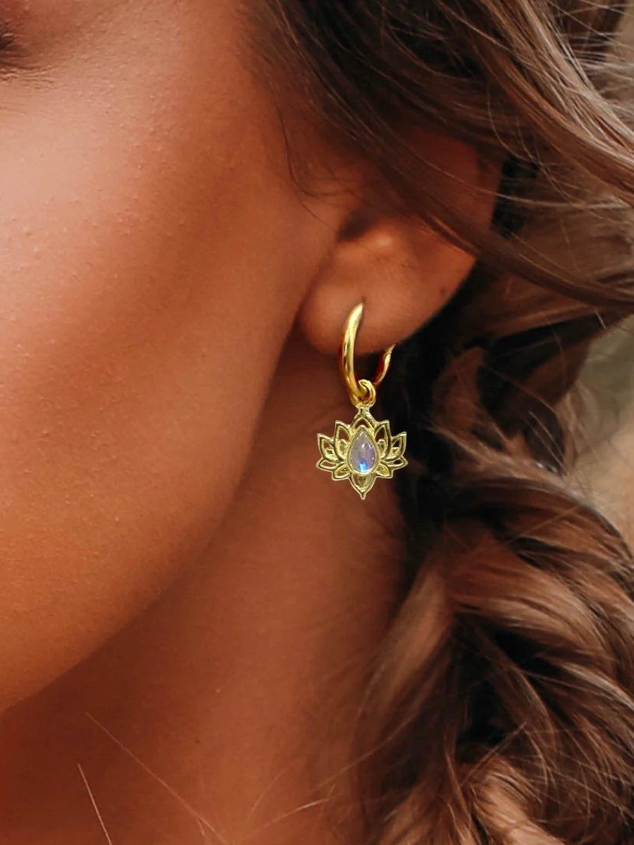 Laihas Opulent Lotus Flower Gold Moonstone Hoop Earrings