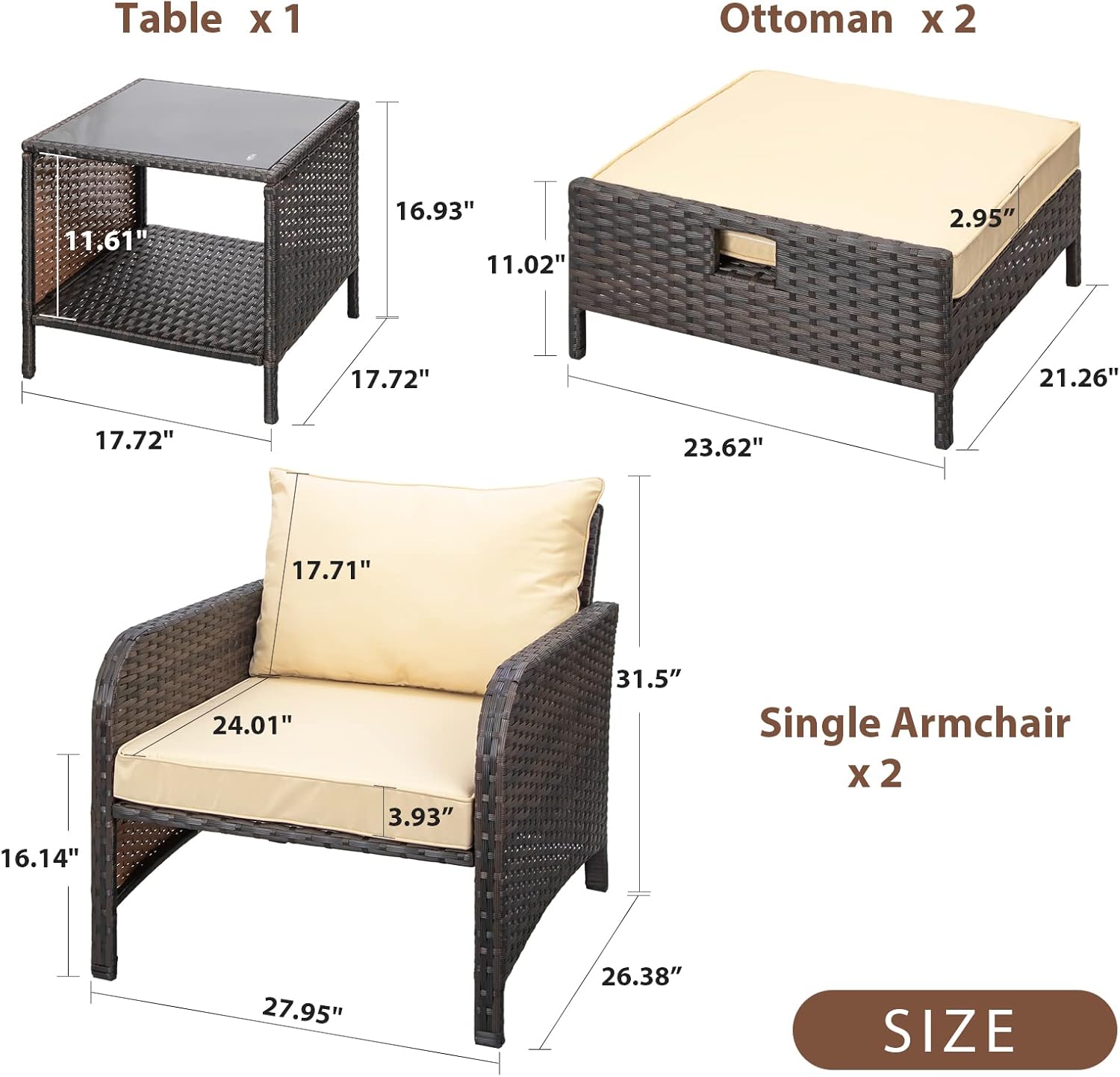 LEVELEVE Balcony Furniture 5 Piece Patio Conversation Set  PE Wicker Rattan Outdoor Lounge Chairs with Soft Cushions 2 Ottoman&Glass Table for Porch  Lawn-Brown Wicker