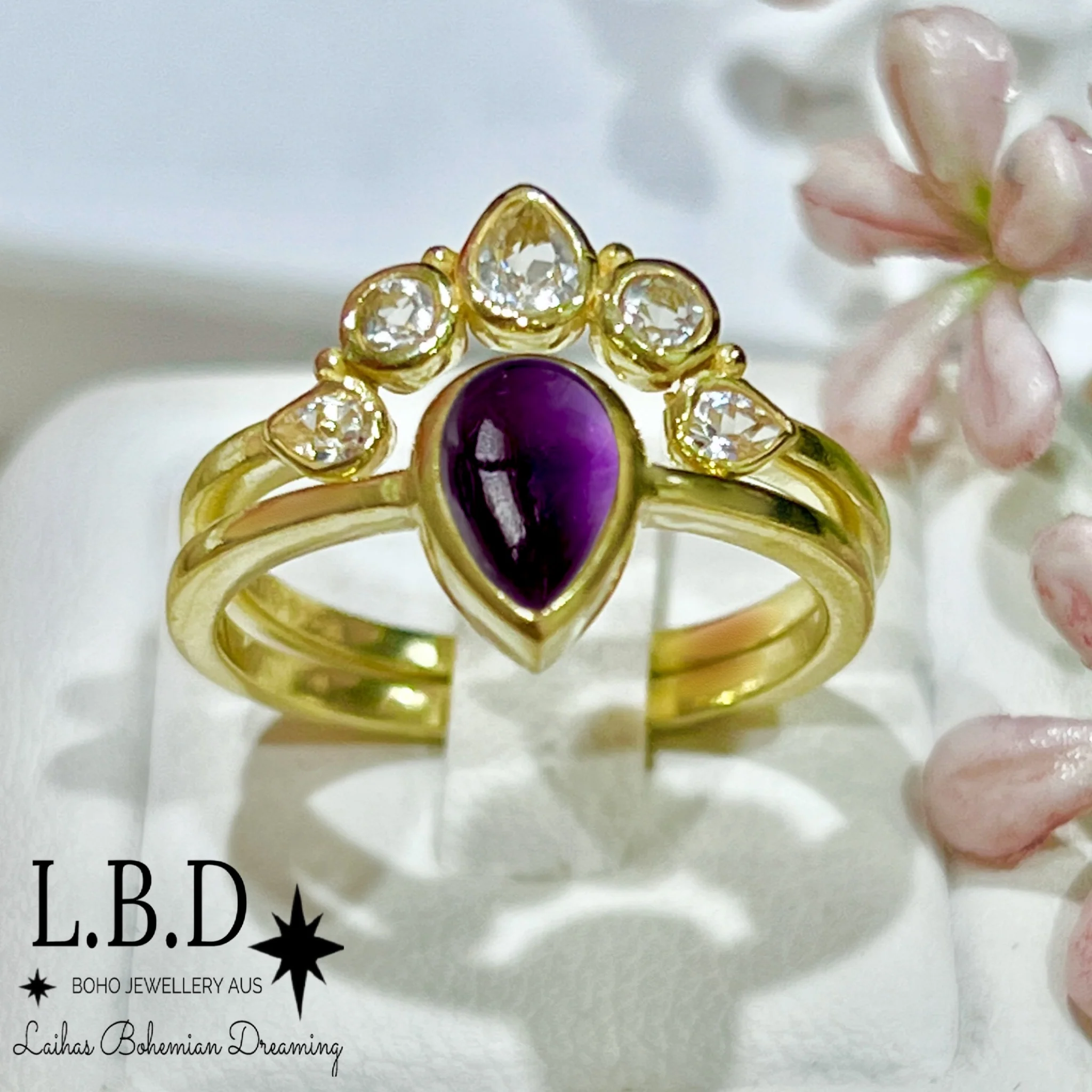 Laihas Queen Of Cups Gold Topaz and Amethyst Ring Set