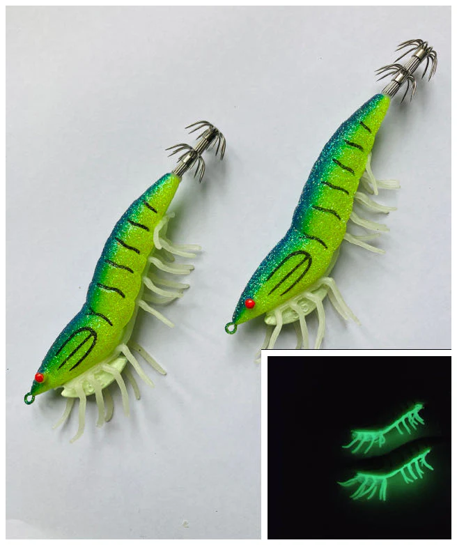 2 x Shrimp Fishing Lures Luminous Leg Squid Jigs 3.5 blue