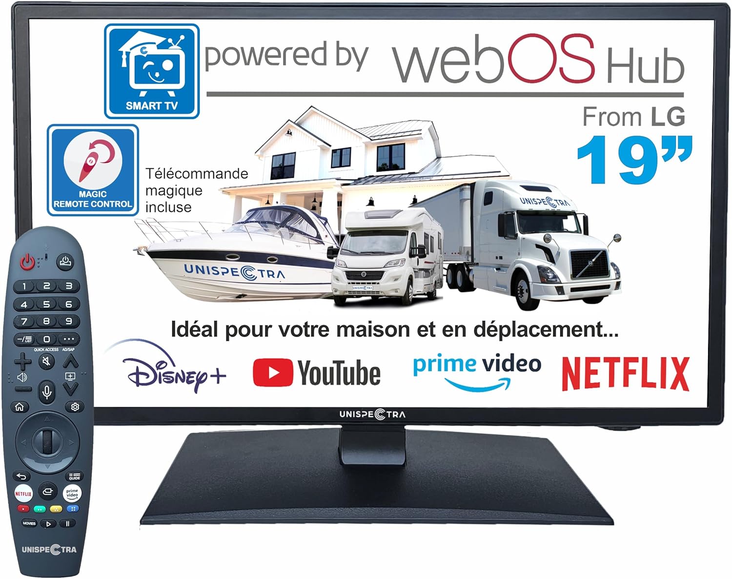Unispectra ® 19” Smart TV (webOS) avec Télécommande Magique 12v HDR 230v 24v TV TNT et Tuner Sat 3xHDMI 2xUSB. Téléviseurs 12V pour Camping-Cars, caravanes, fourgonnettes, Bateaux