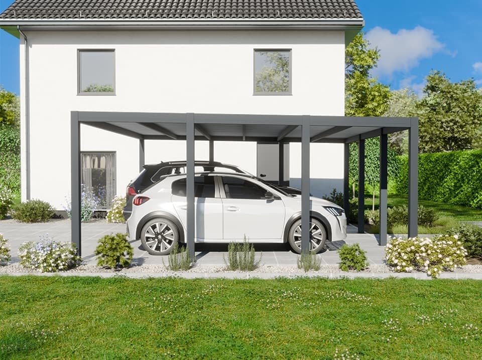 Tettoia per auto coperto in alluminio CARLTON 570 x 550 cm - 2 auto - 31,35 m2 - Grigio antracite